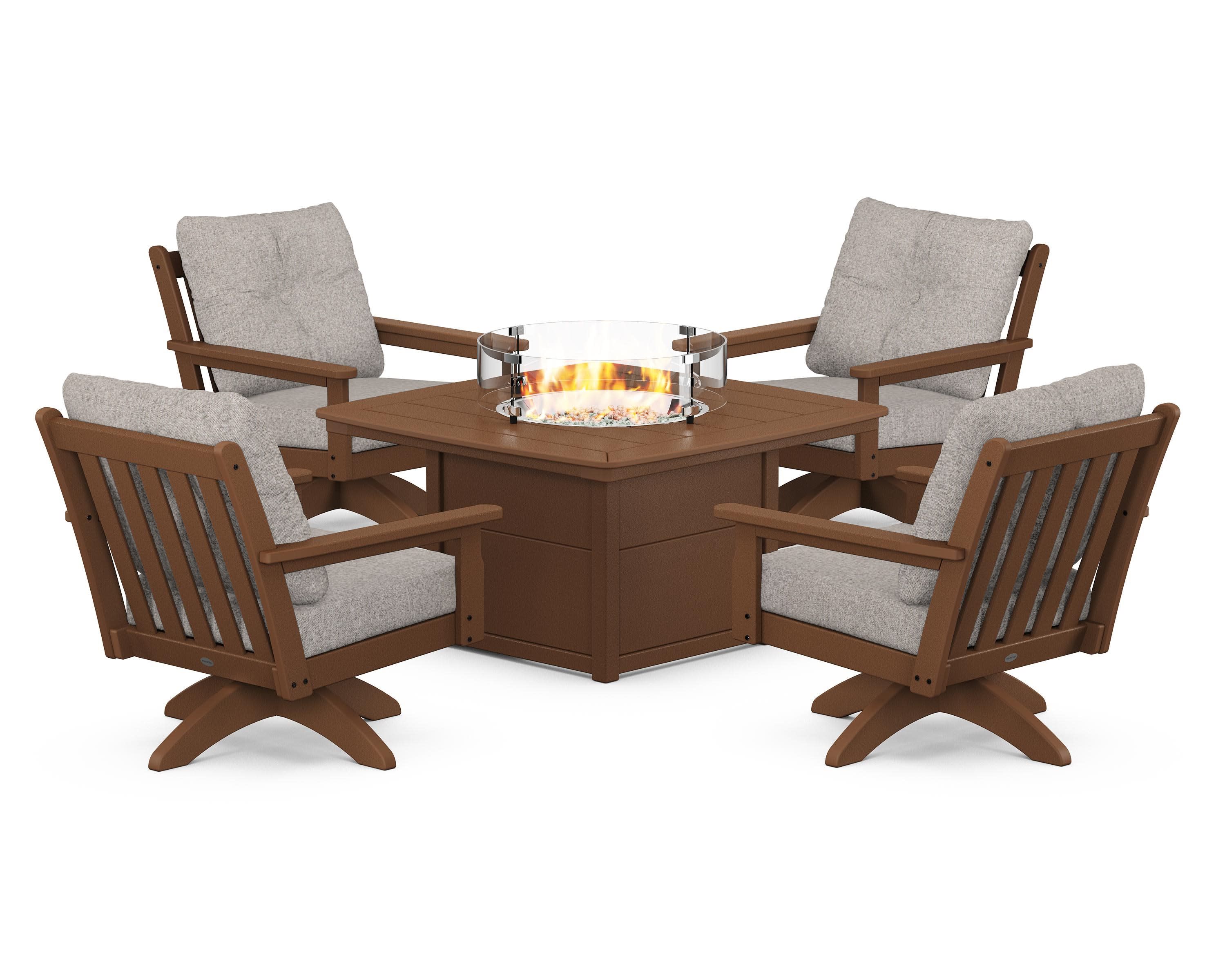 Vineyard 5-Piece Deep Seating Swivel Conversation Set with Fire Pit Table in Teak / Weathered Tweed