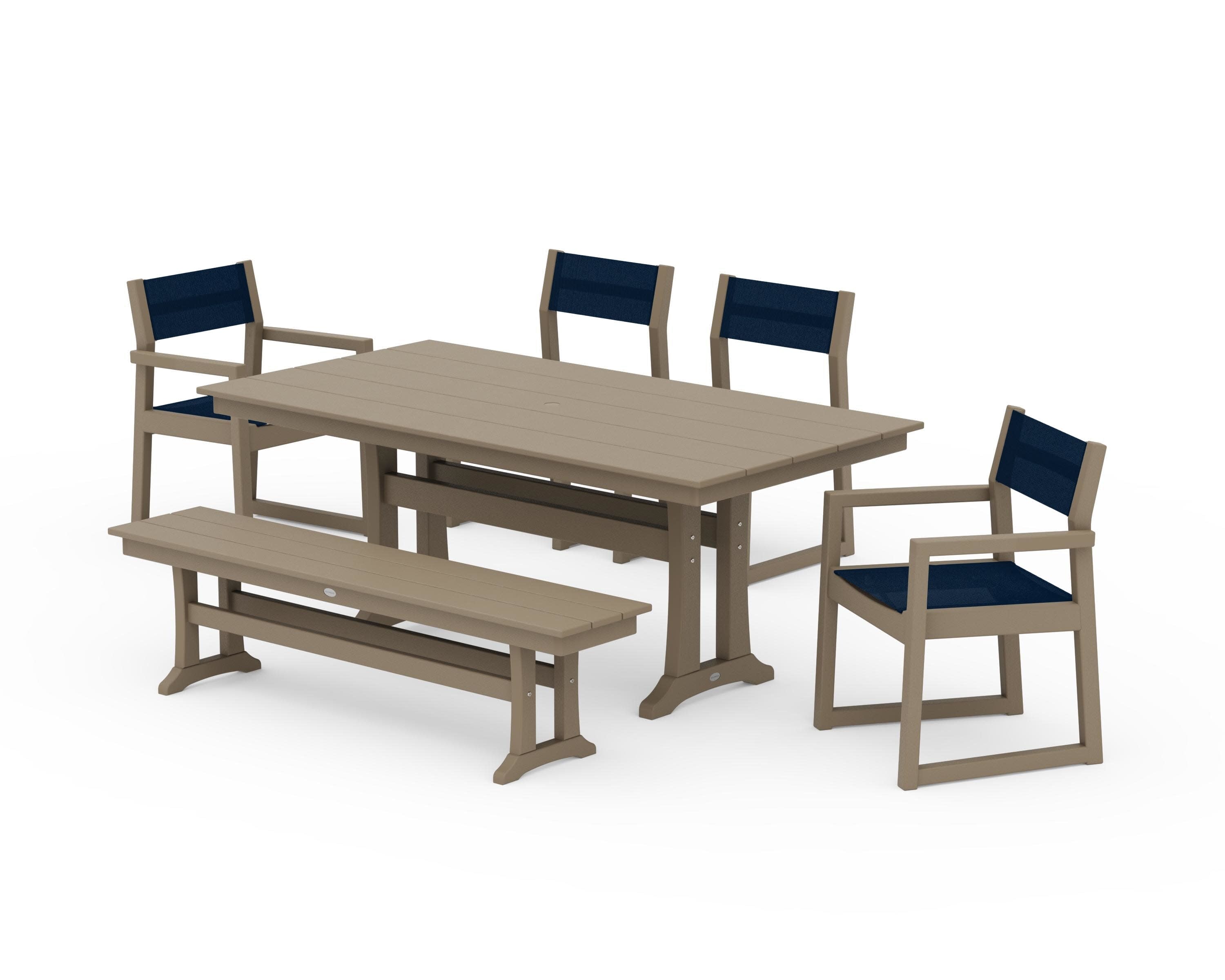 EDGE Sling 6-Piece Farmhouse Dining Set With Trestle Legs in Vintage Sahara / Navy Blue Sling