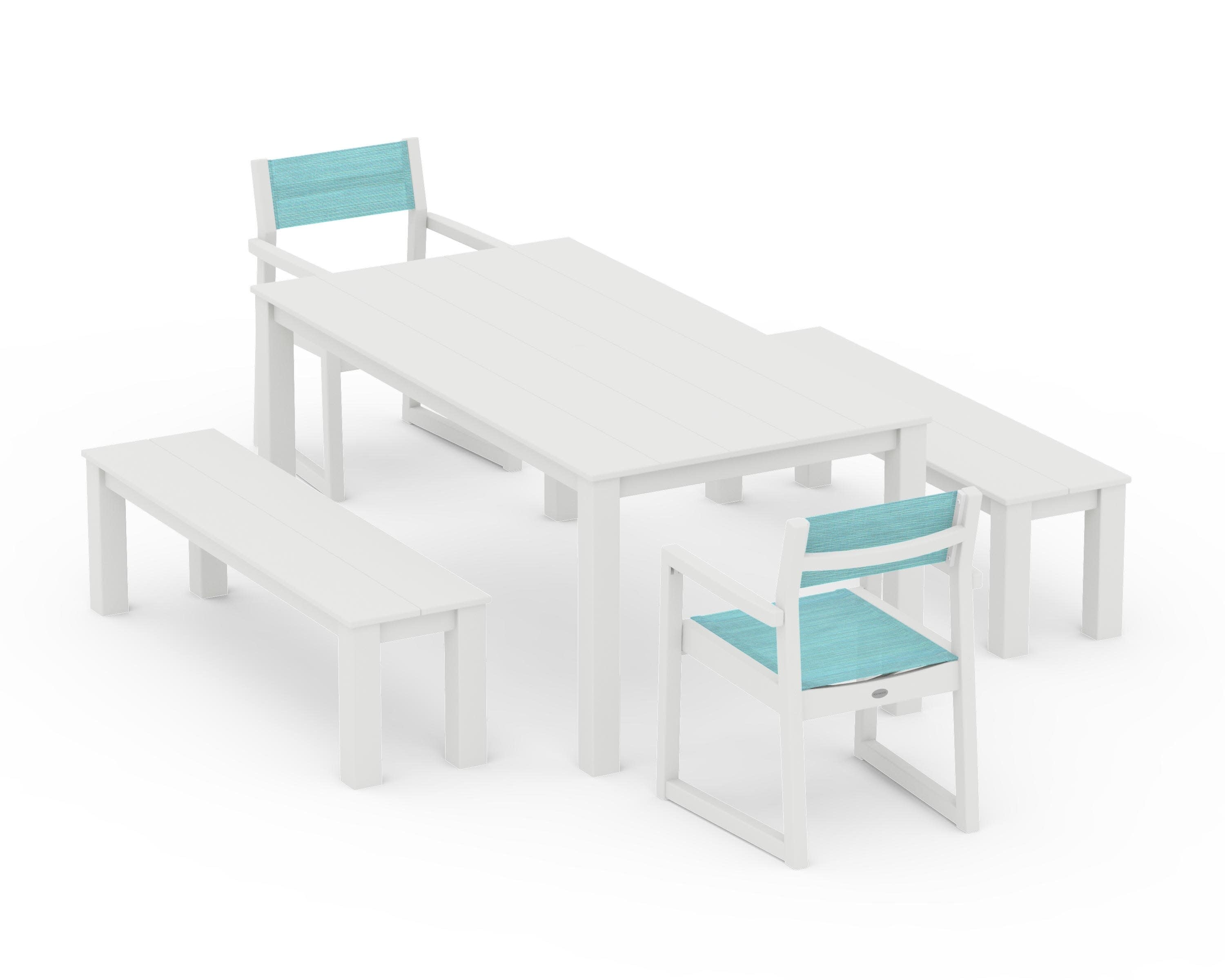 EDGE Sling Arm Chair 5-Piece Parsons Dining Set with Benches in Vintage White / Dupioni Aquamarine Sling