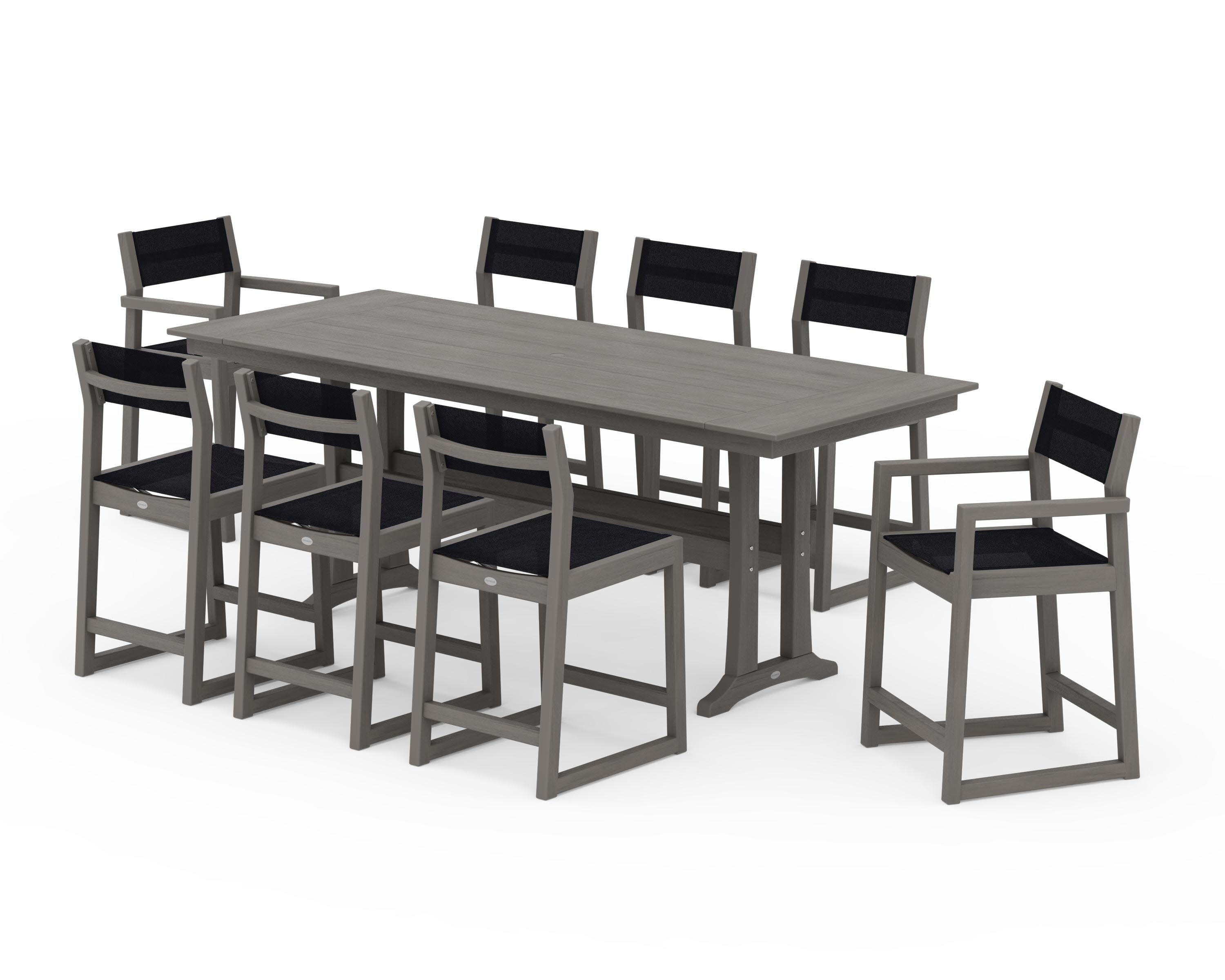 EDGE Sling 9-Piece Farmhouse Counter Set with Trestle Legs in Driftwood / Black Sling