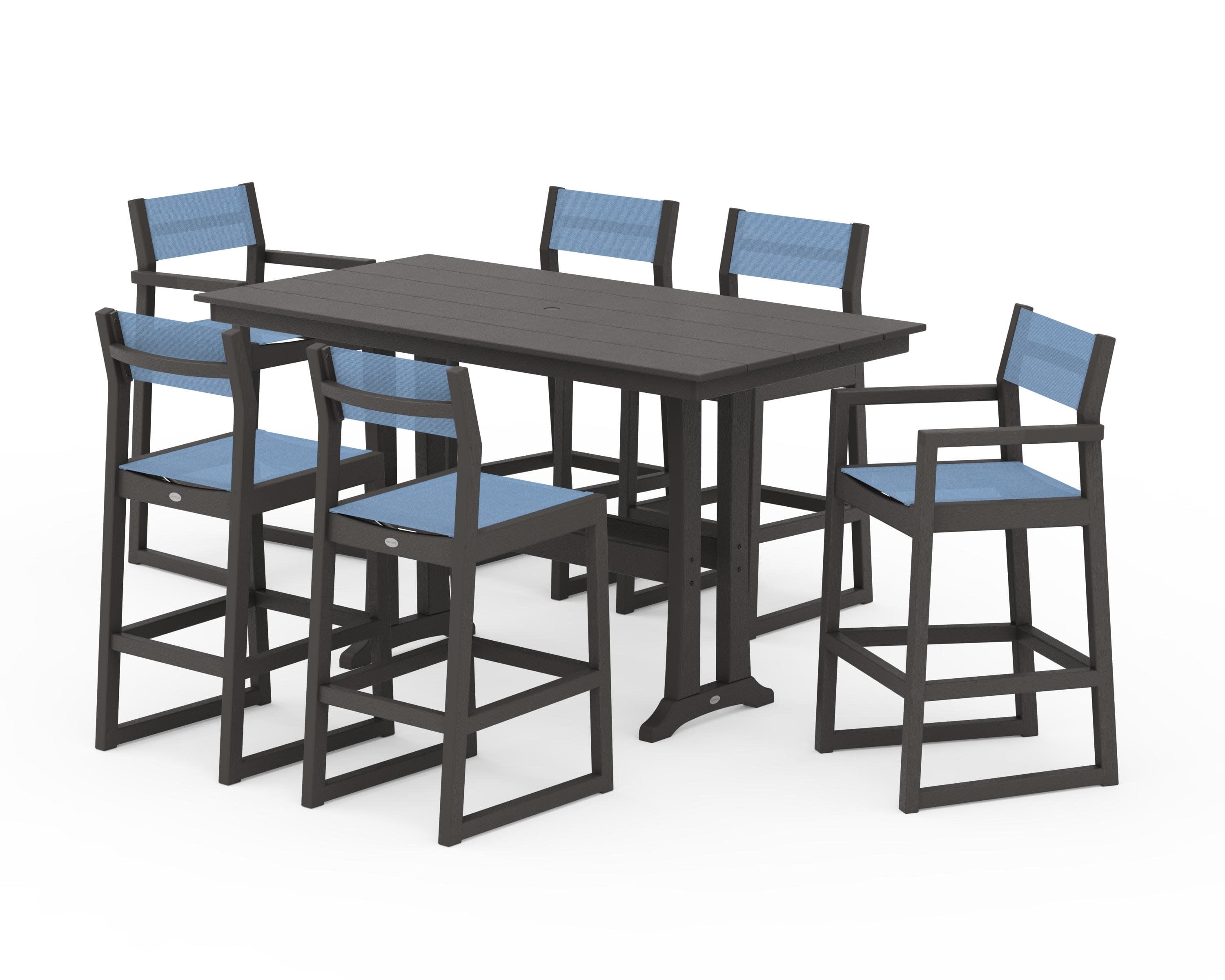 EDGE Sling 7-Piece Farmhouse Bar Set with Trestle Legs in Vintage Coffee / Poolside Sling
