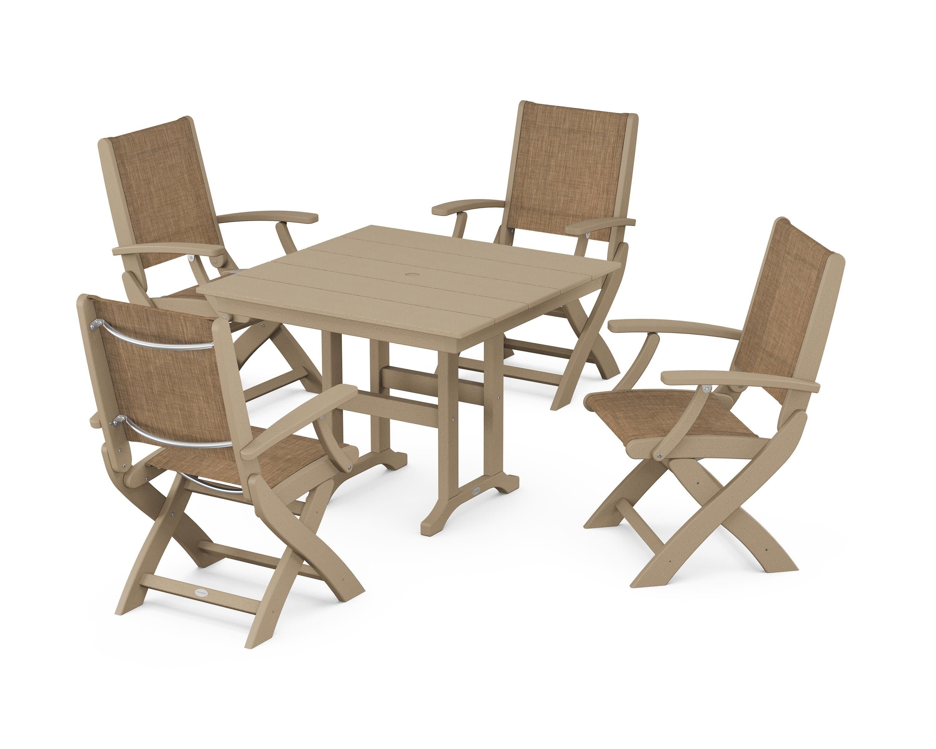 Coastal Folding Chair 5-Piece Farmhouse Dining Set in Vintage Sahara / Burlap Sling