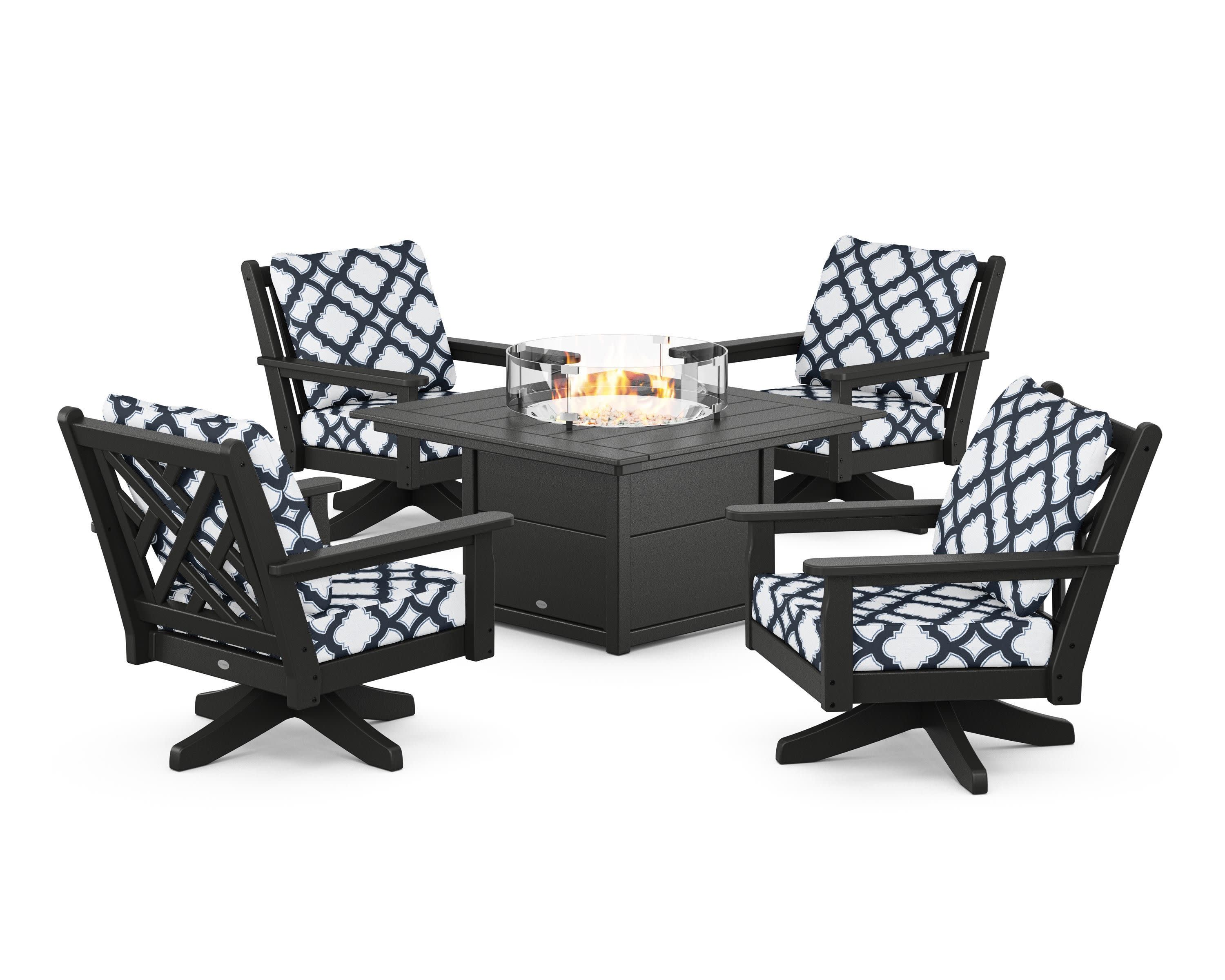 Chippendale 5-Piece Deep Seating Swivel Conversation Set with Fire Pit Table in Black / Trellis Marine Indigo