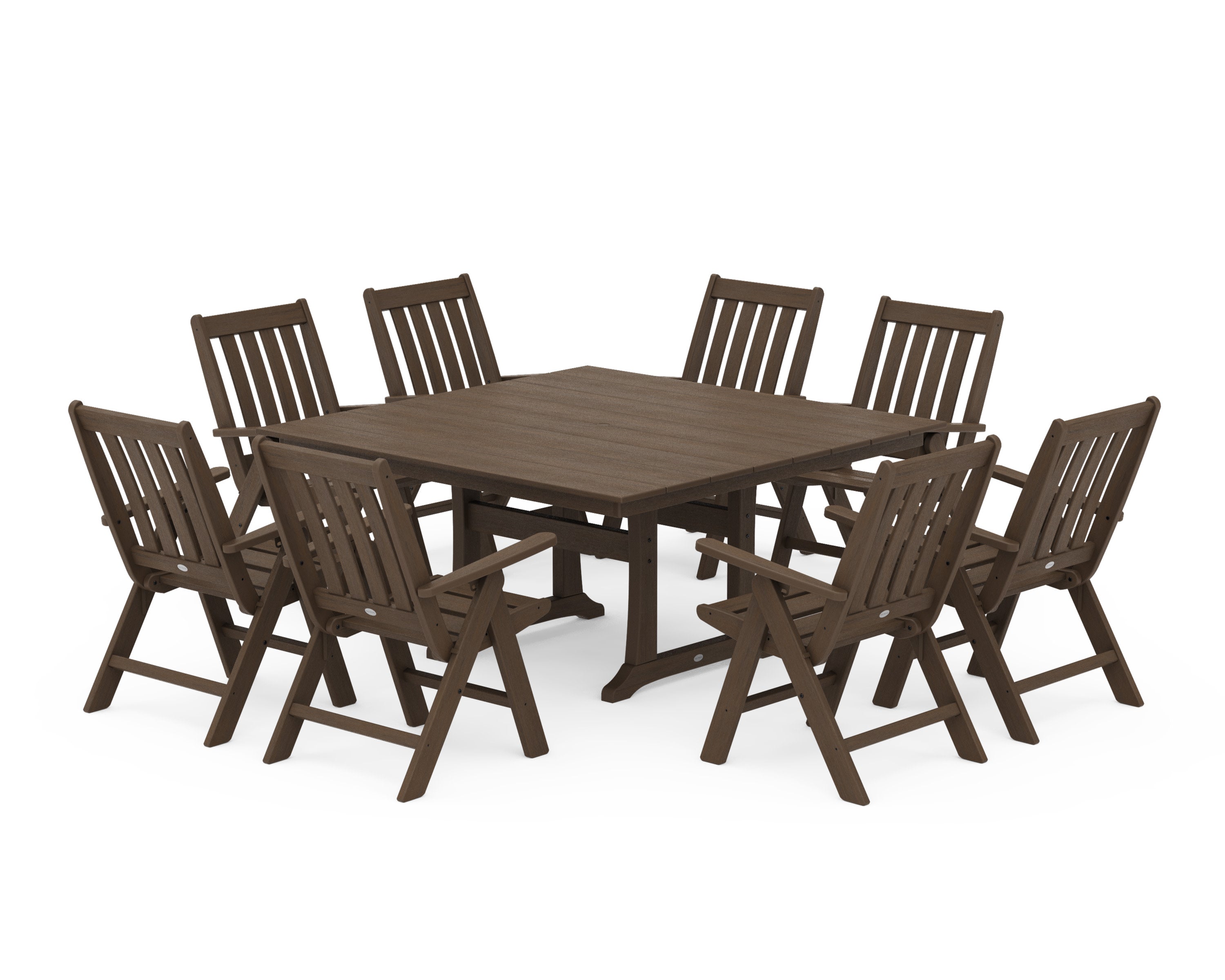 Vineyard Folding Chair 9-Piece Square Farmhouse Dining Set with Trestle Legs in Kona