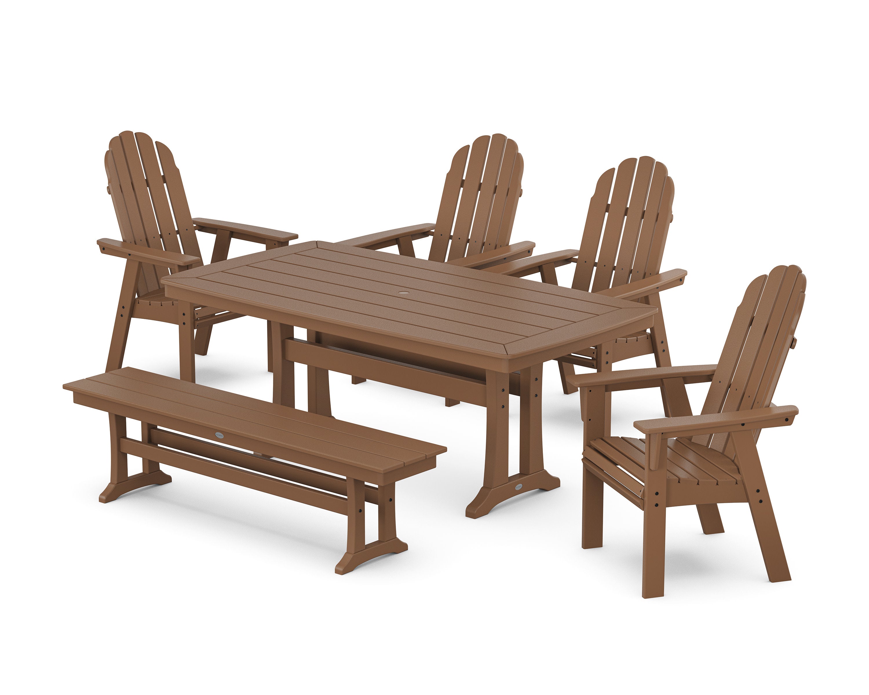 Vineyard Curveback Adirondack Chair 6-Piece Dining Set with Trestle Legs and Bench in Teak