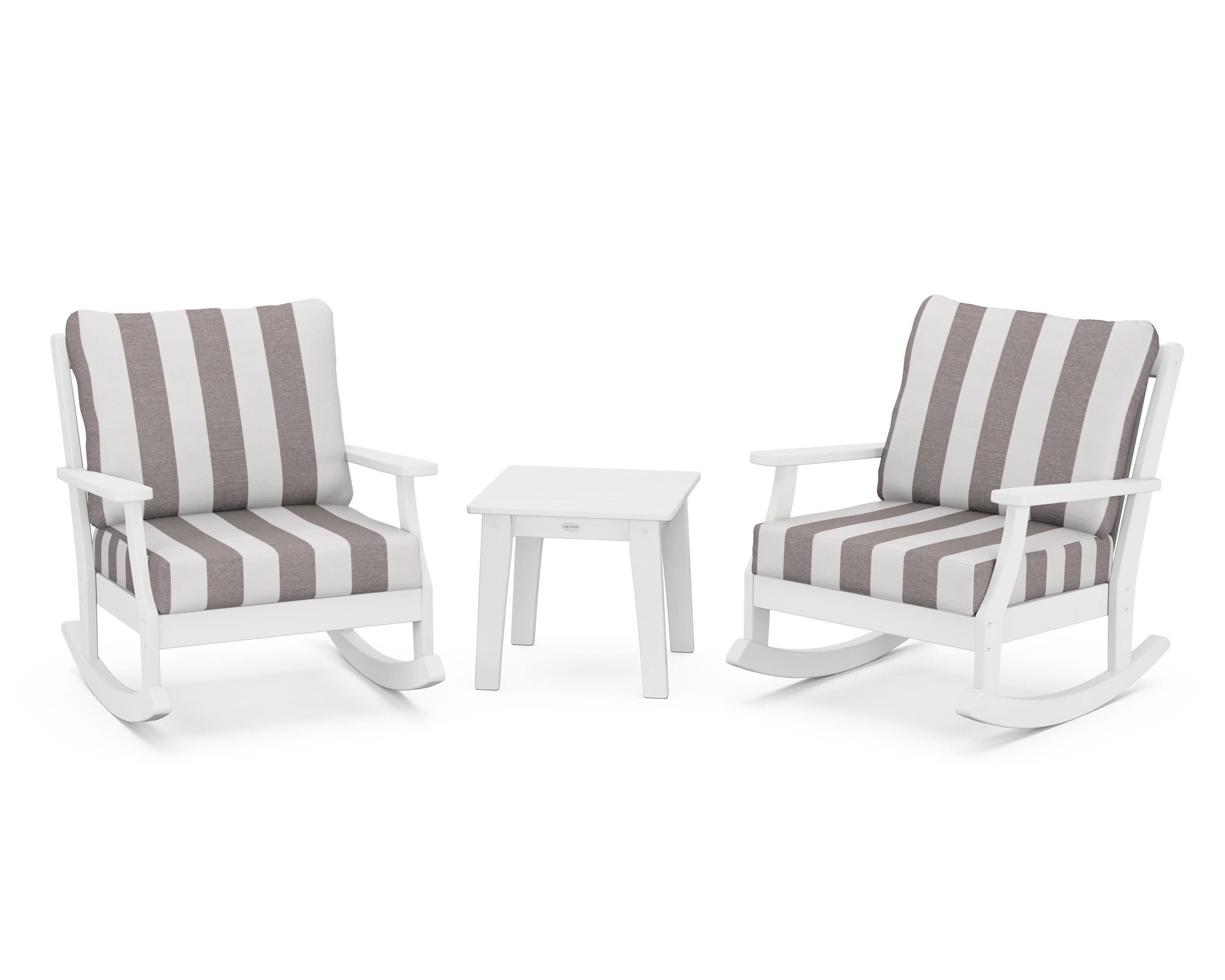 Braxton 3-Piece Deep Seating Rocker Set in White / Cabana Stripe Grey Mist