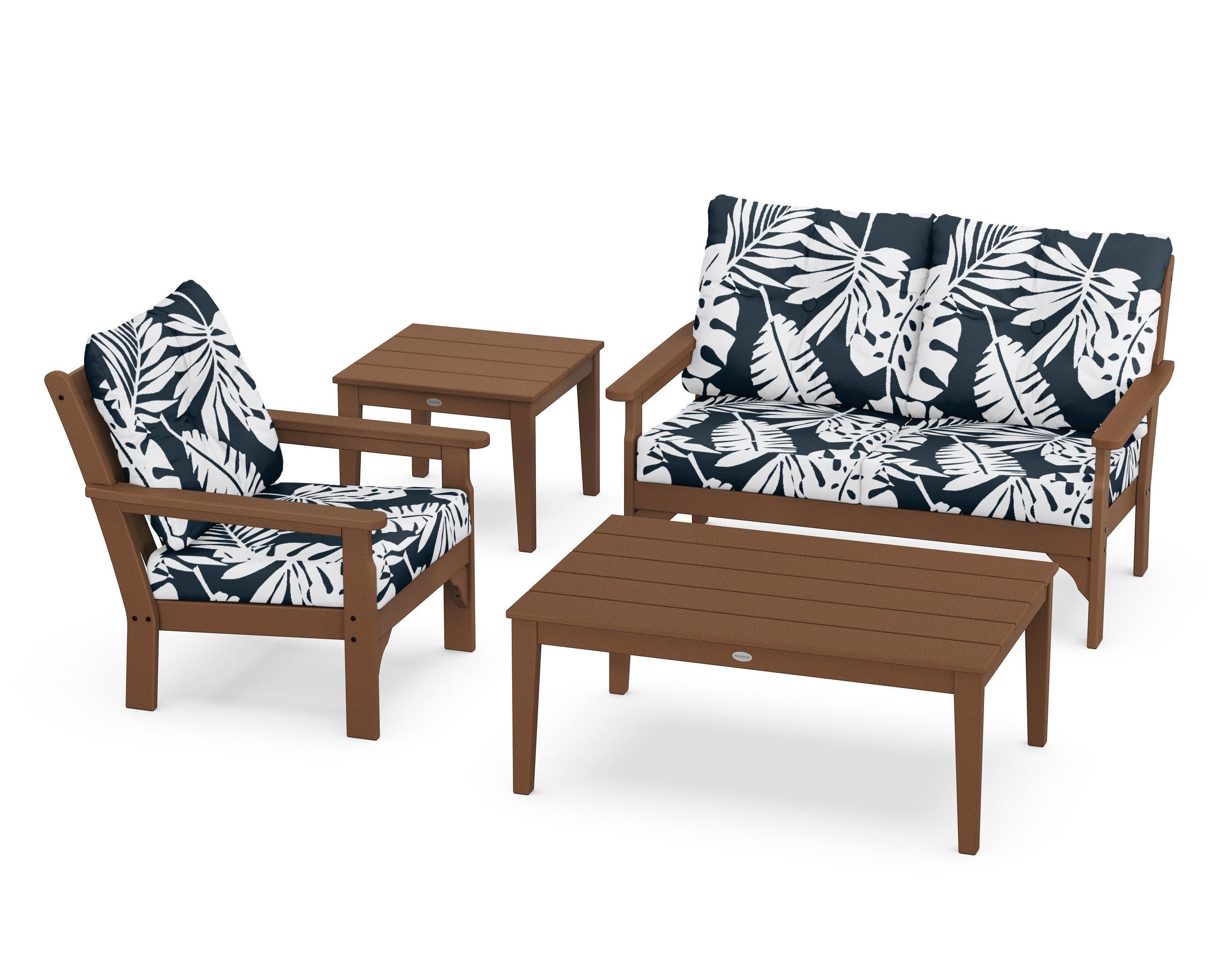 Vineyard 4-Piece Deep Seating Set in Teak / Leaf Marine Indigo