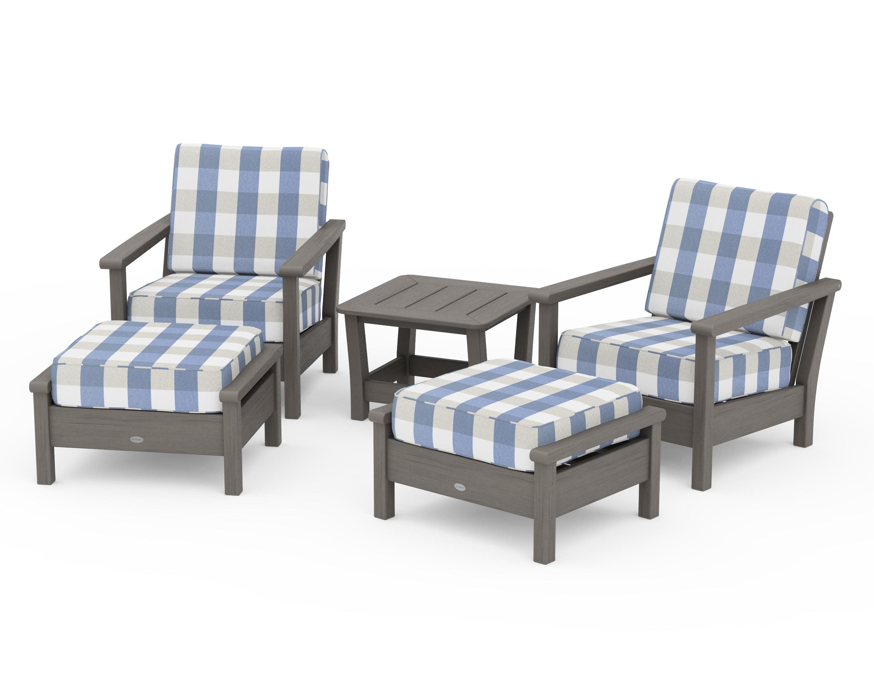 Harbour 5-Piece Deep Seating Chair Set in Driftwood / Buffalo Plaid Sky Blue