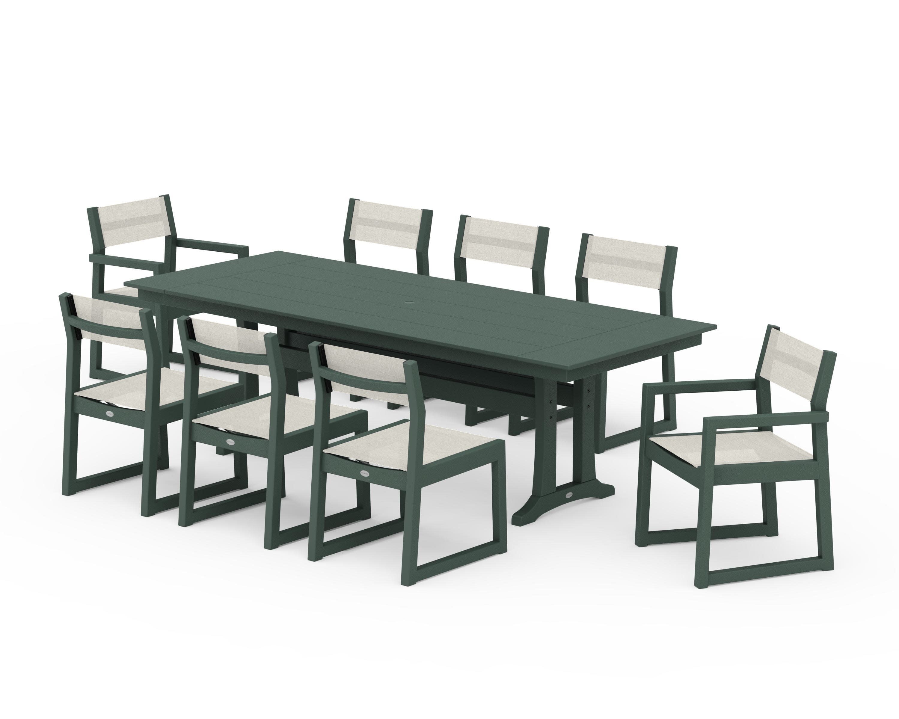 EDGE Sling 9-Piece Farmhouse Trestle Dining Set in Green / Parchment Sling
