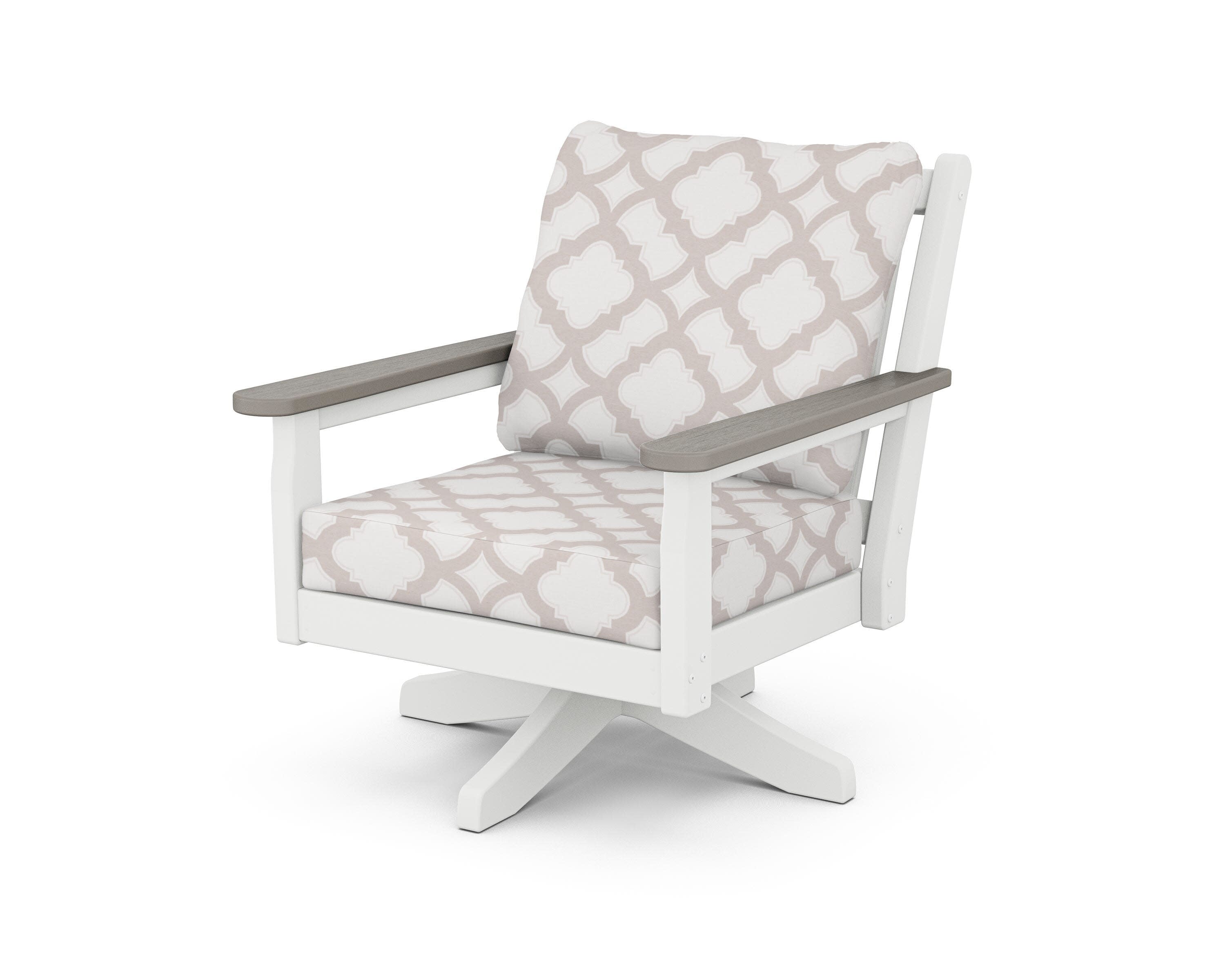 Chippendale Deep Seating Swivel Chair in White / Driftwood / Trellis Dune Burlap