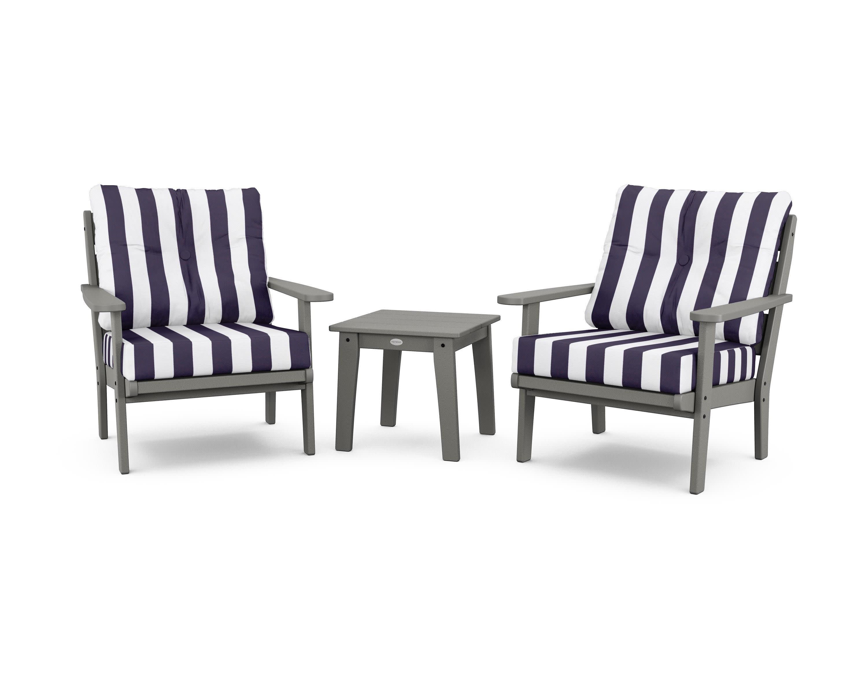Lakeside 3-Piece Deep Seating Chair Set in Slate Grey / Cabana Stripe Navy