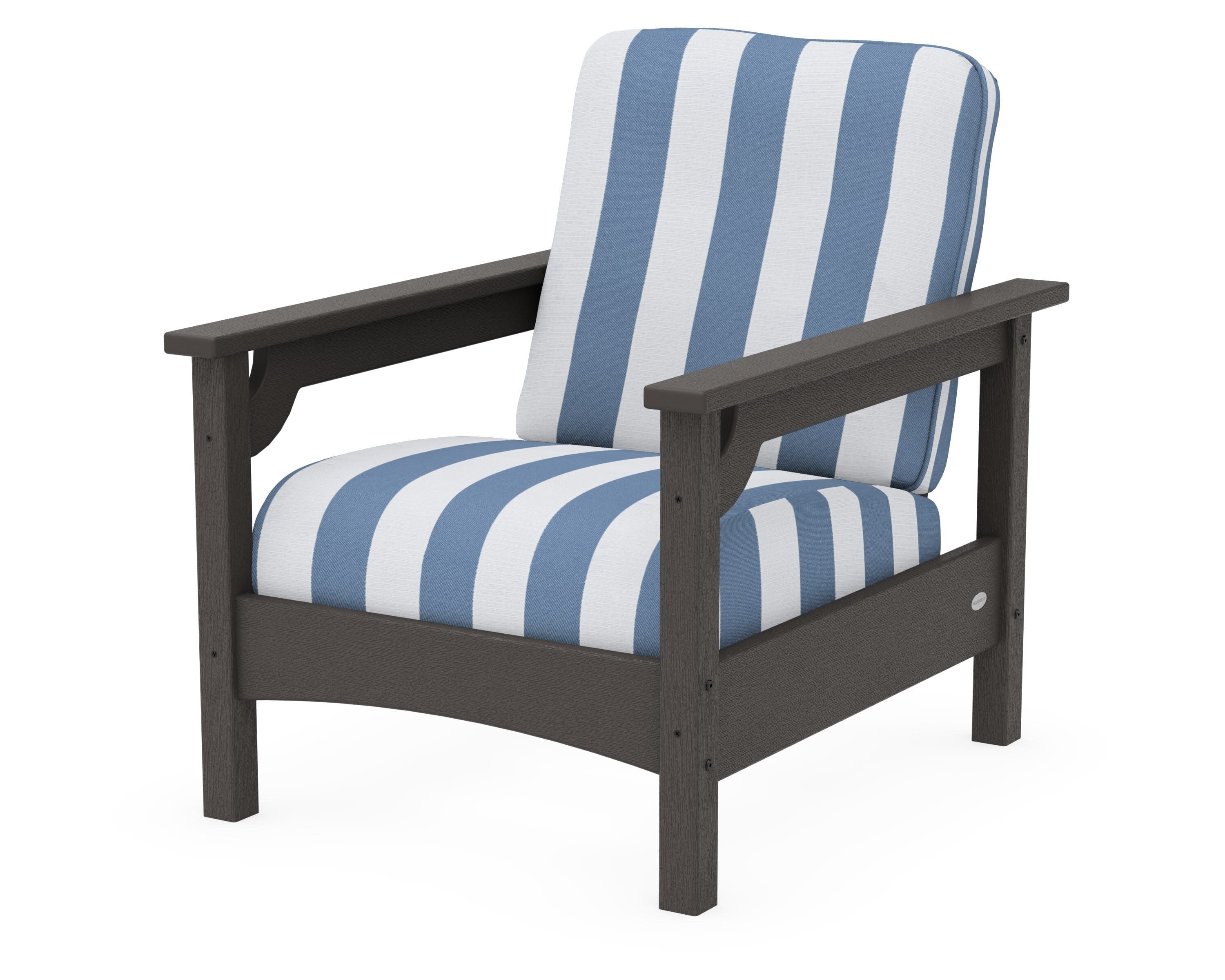Club Chair in Vintage Coffee / Cabana Stripe Sky Blue