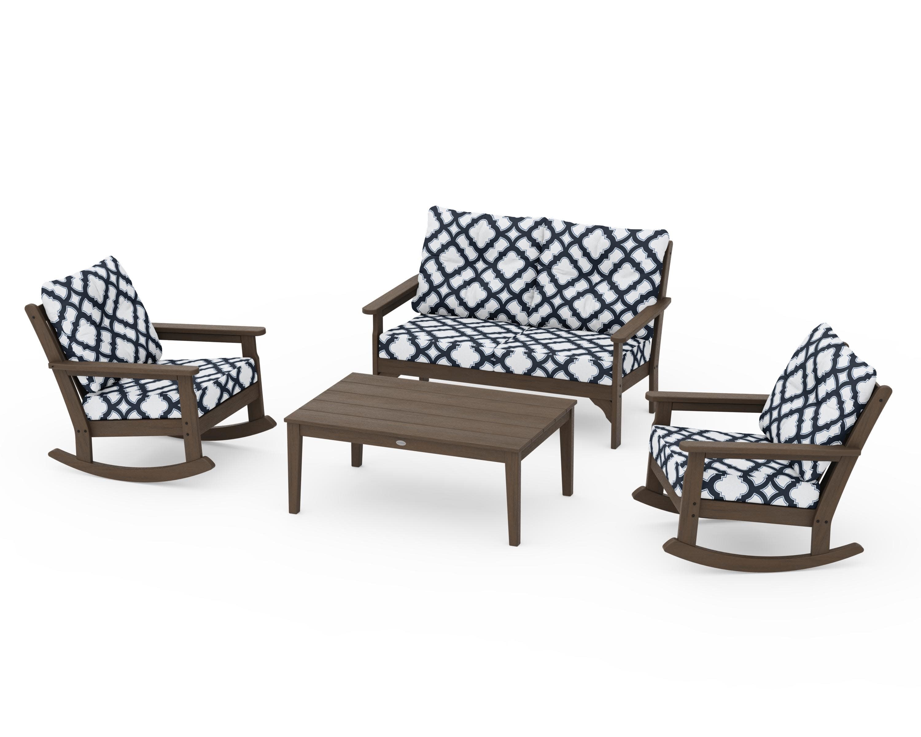 Vineyard 4-Piece Deep Seating Rocking Chair Set in Kona / Trellis Marine Indigo