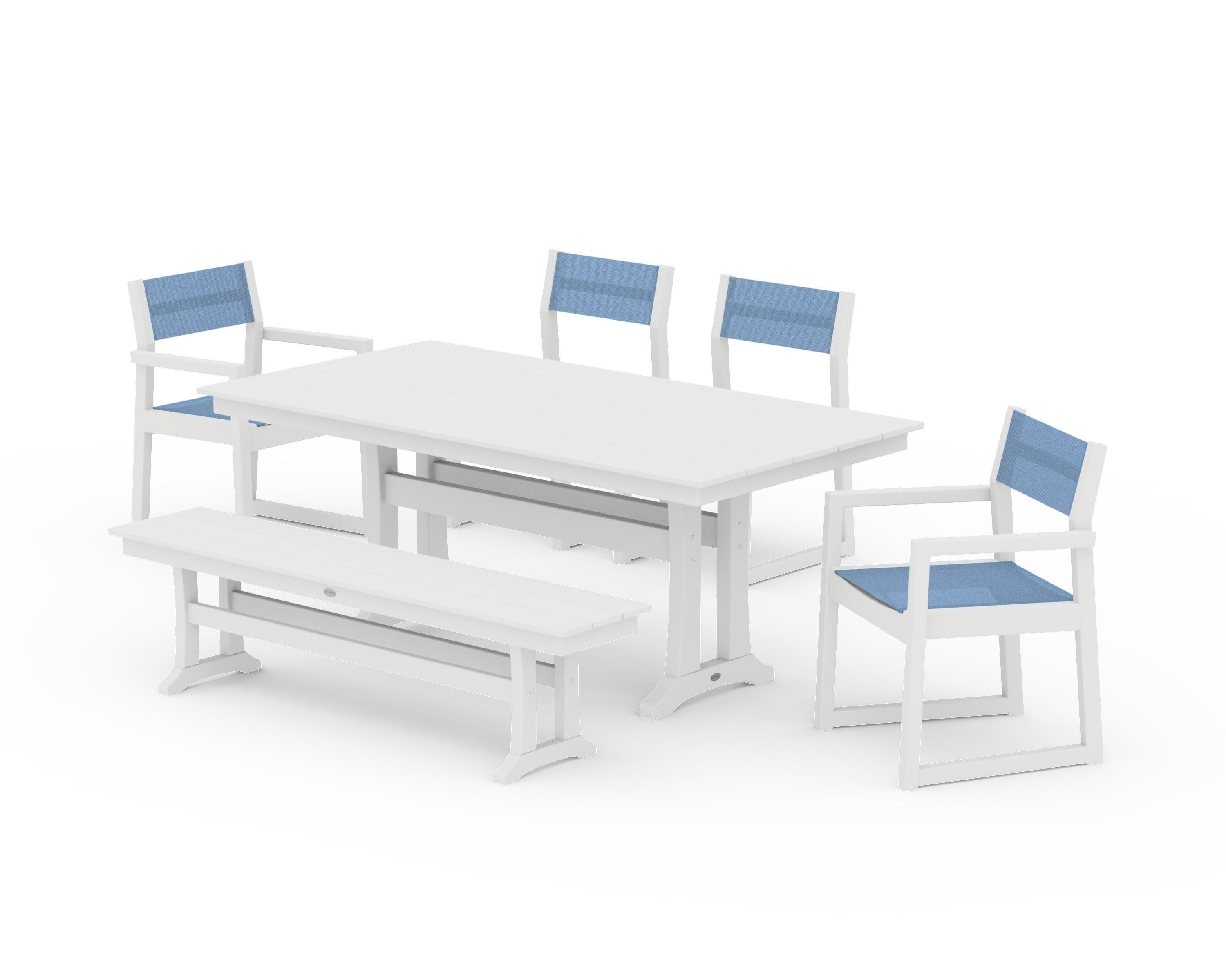 EDGE Sling 6-Piece Farmhouse Dining Set With Trestle Legs in White / Poolside Sling
