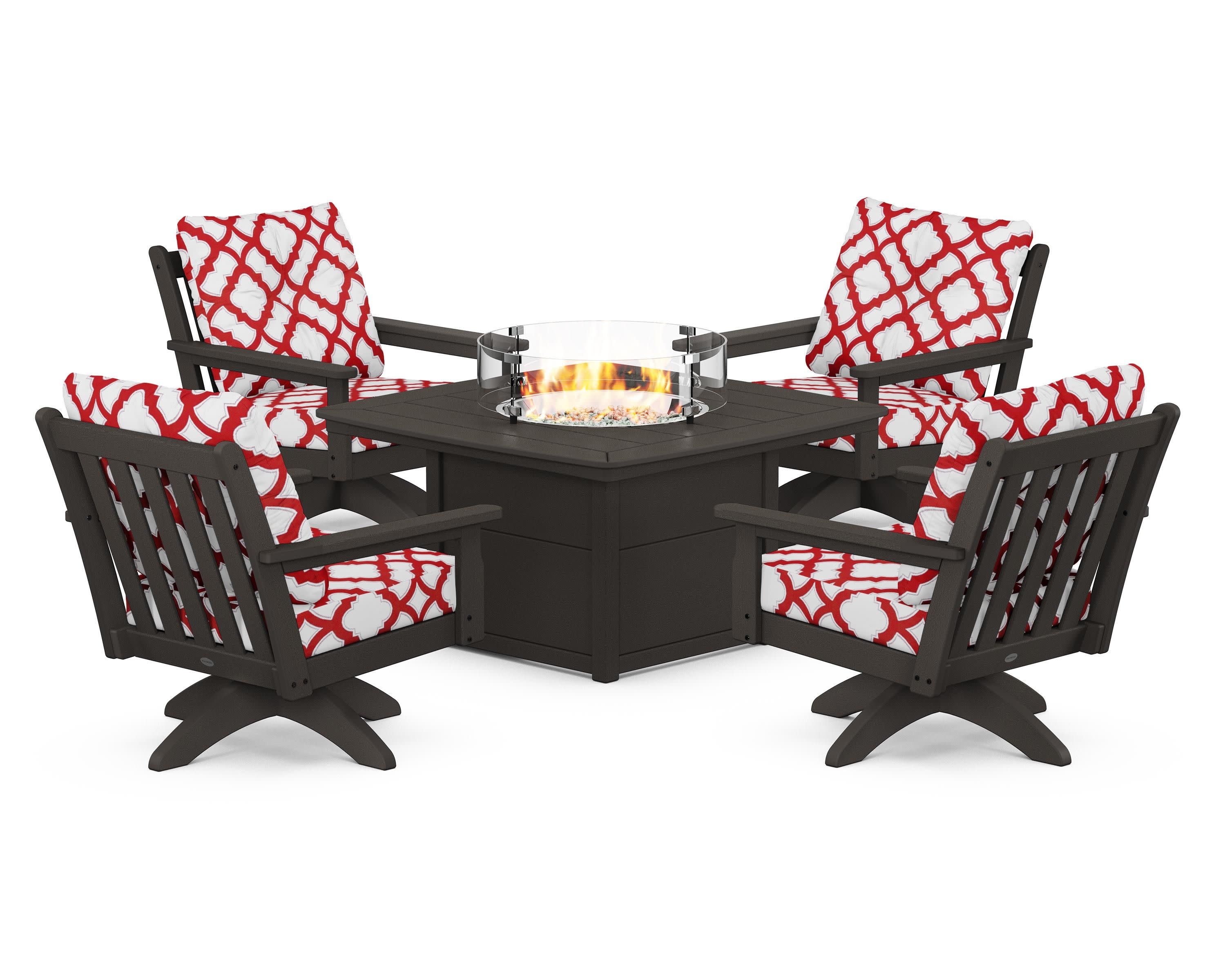 Vineyard 5-Piece Deep Seating Swivel Conversation Set with Fire Pit Table in Vintage Coffee / Trellis Crimson