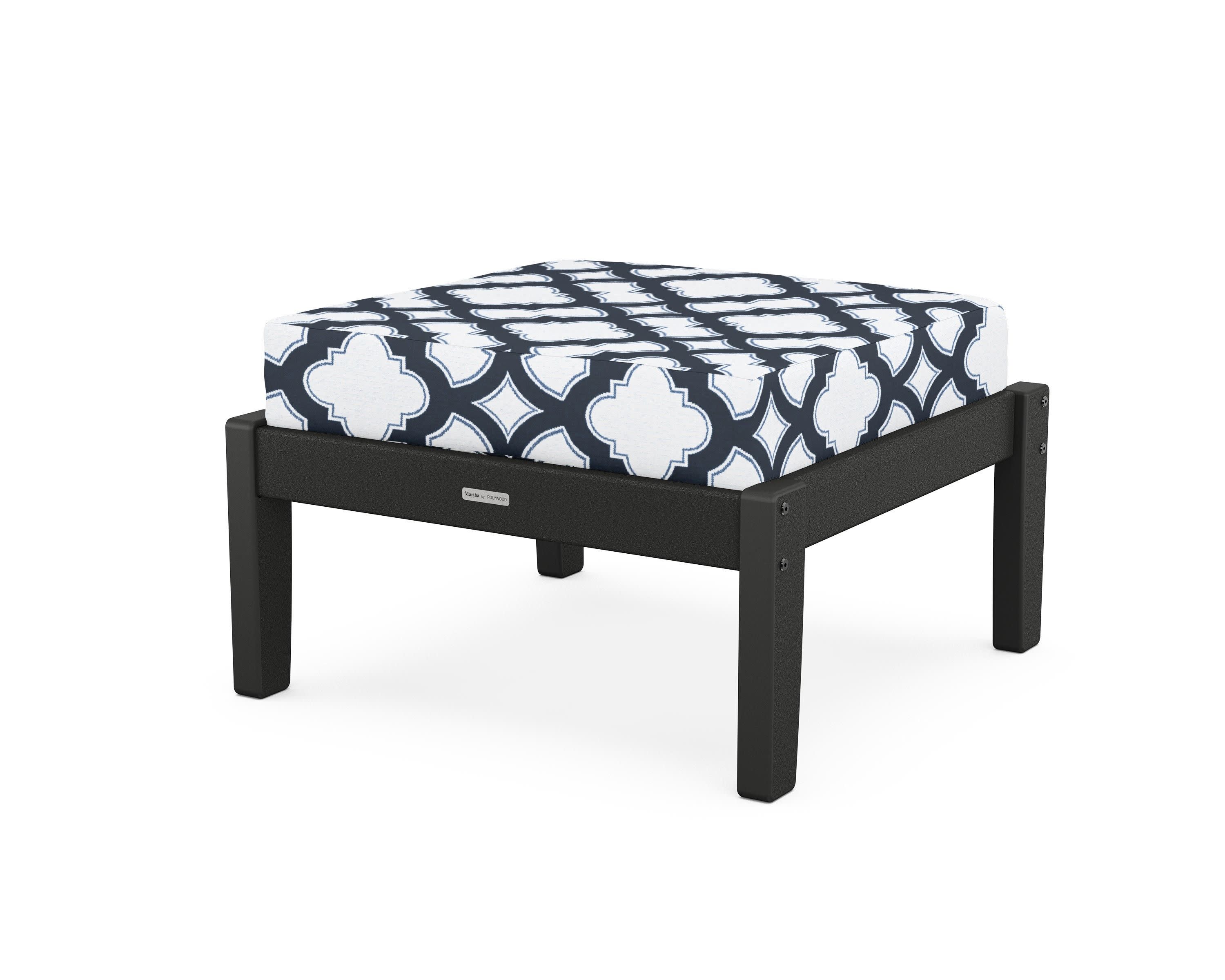 Chinoiserie Deep Seating Ottoman in Black / Trellis Marine Indigo