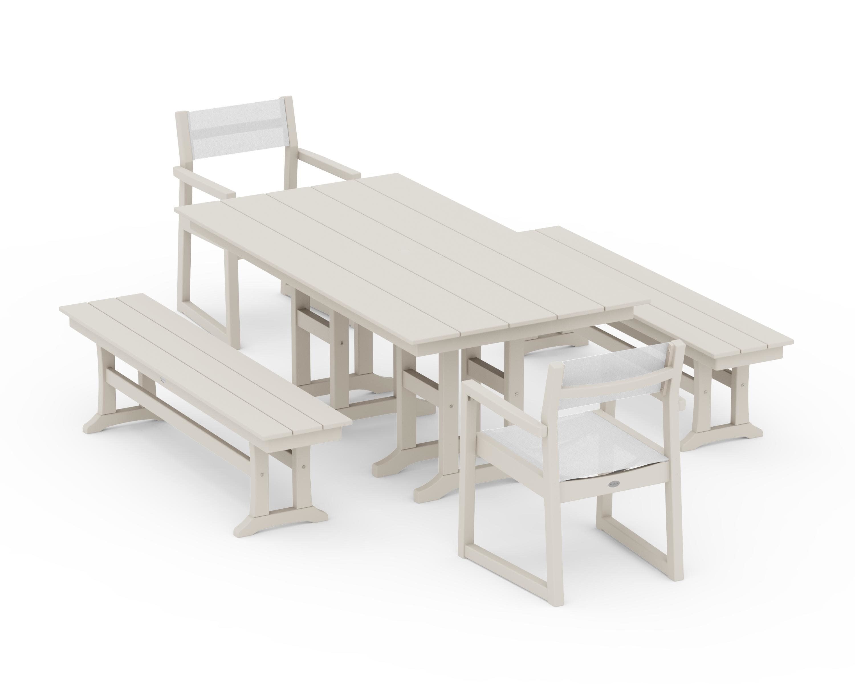 EDGE Sling Arm Chair 5-Piece Farmhouse Dining Set with Benches in Sand / White Sling