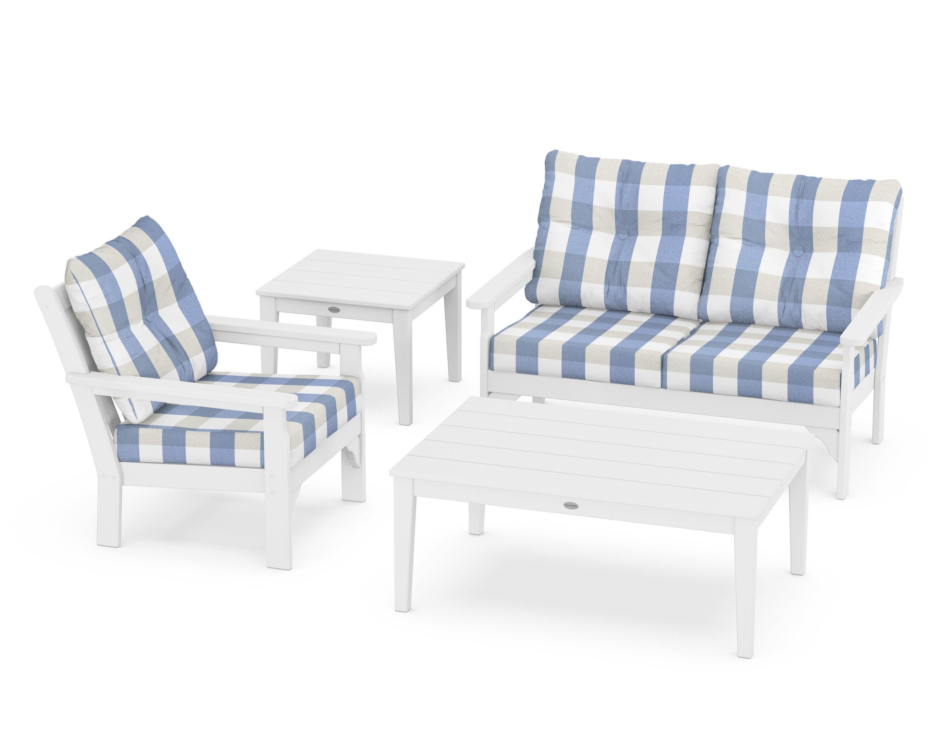 Vineyard 4-Piece Deep Seating Set in White / Buffalo Plaid Sky Blue