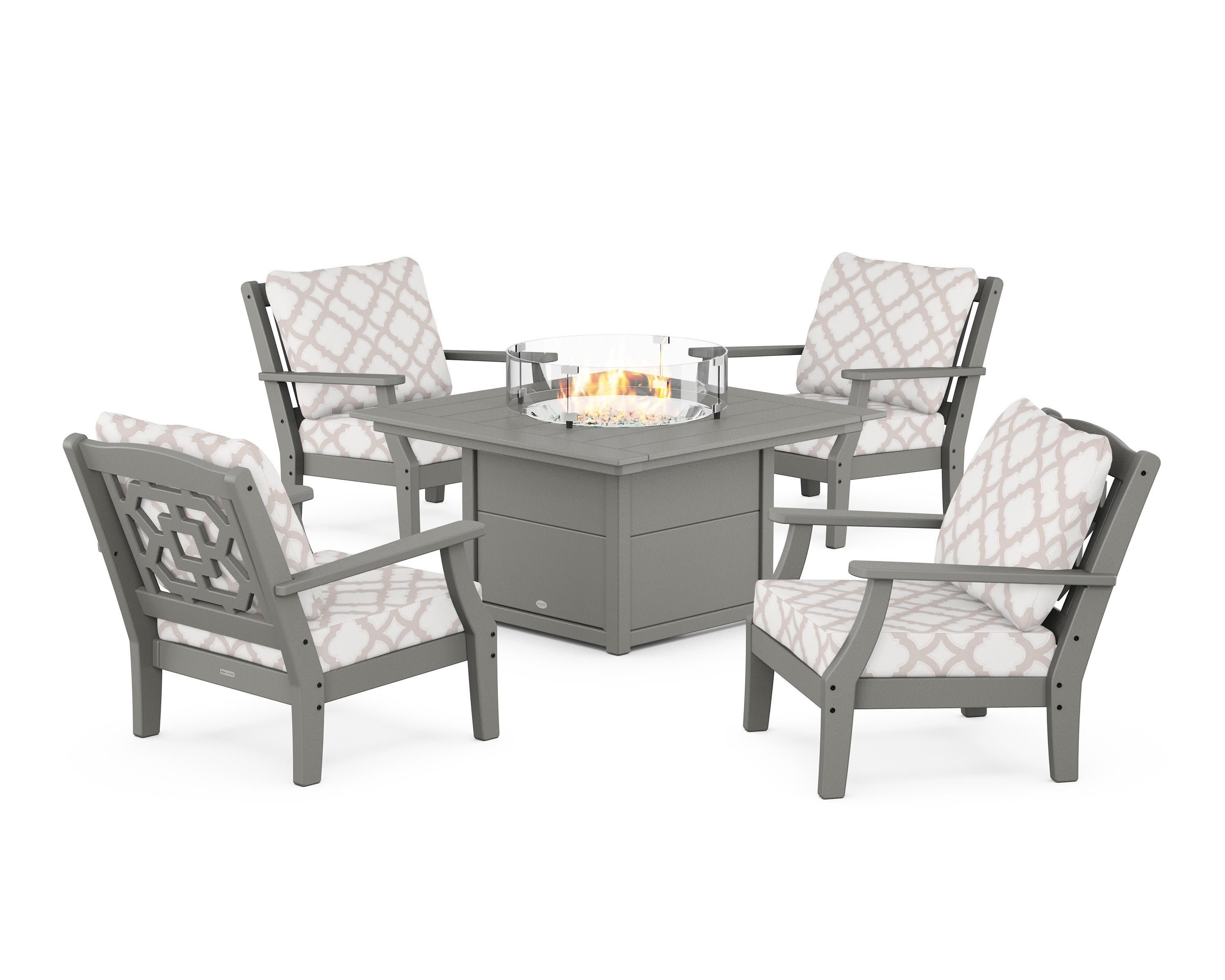 Chinoiserie 5-Piece Deep Seating Set with Fire Pit Table in Slate Grey / Trellis Dune Burlap