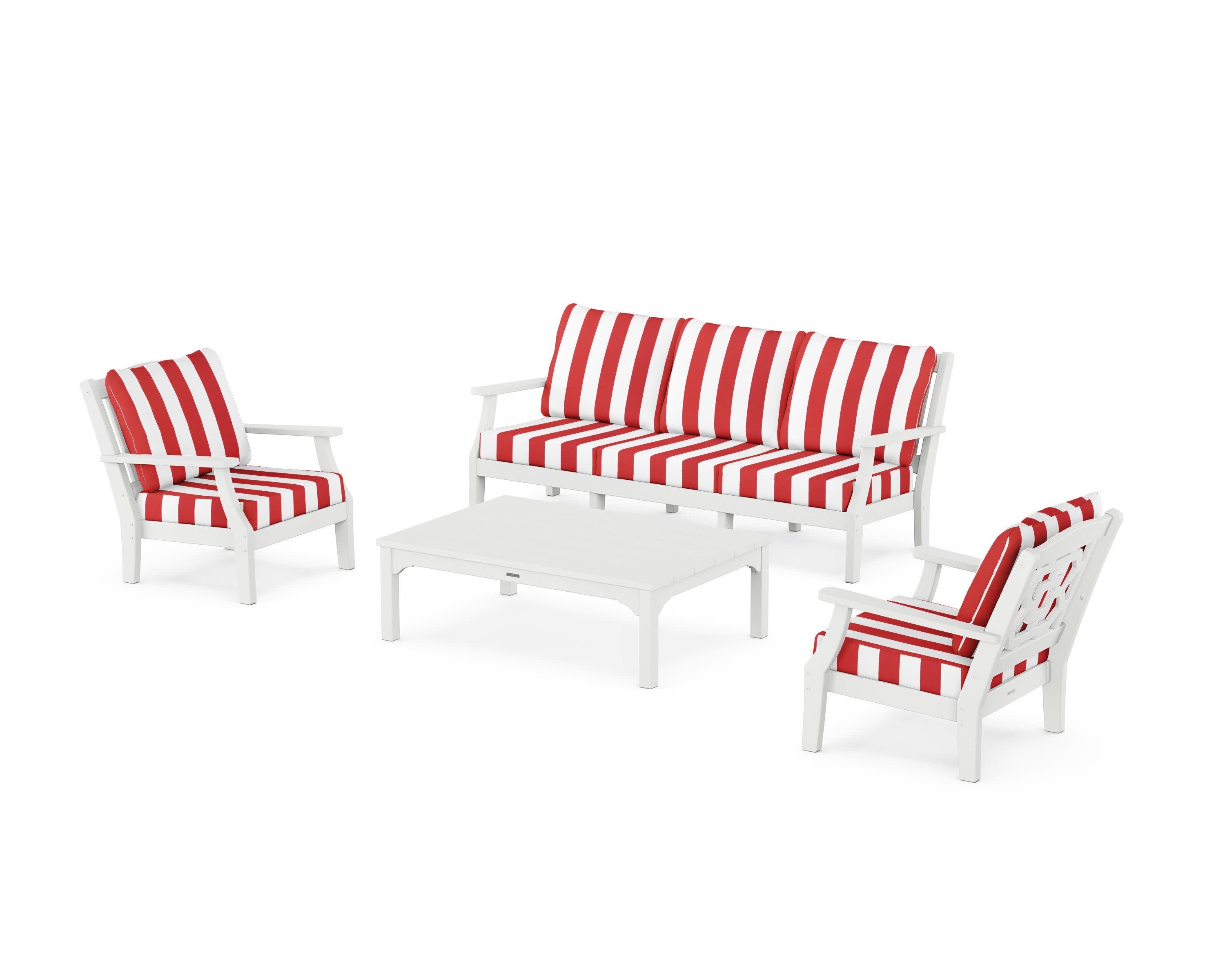 Chinoiserie 4-Piece Deep Seating Set with Sofa in White / Cabana Stripe Crimson
