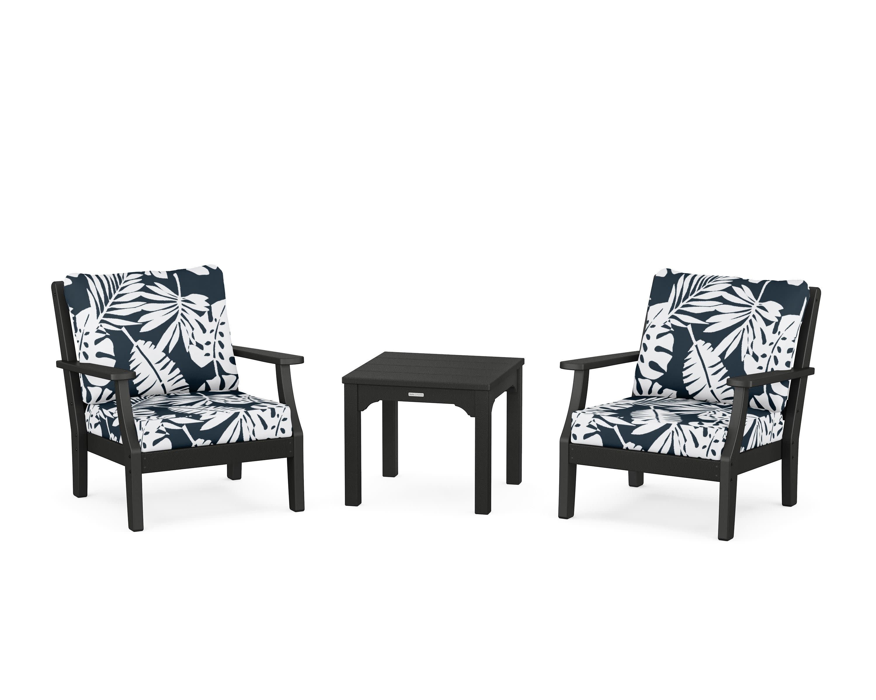 Chinoiserie 3-Piece Deep Seating Set in Black / Leaf Marine Indigo