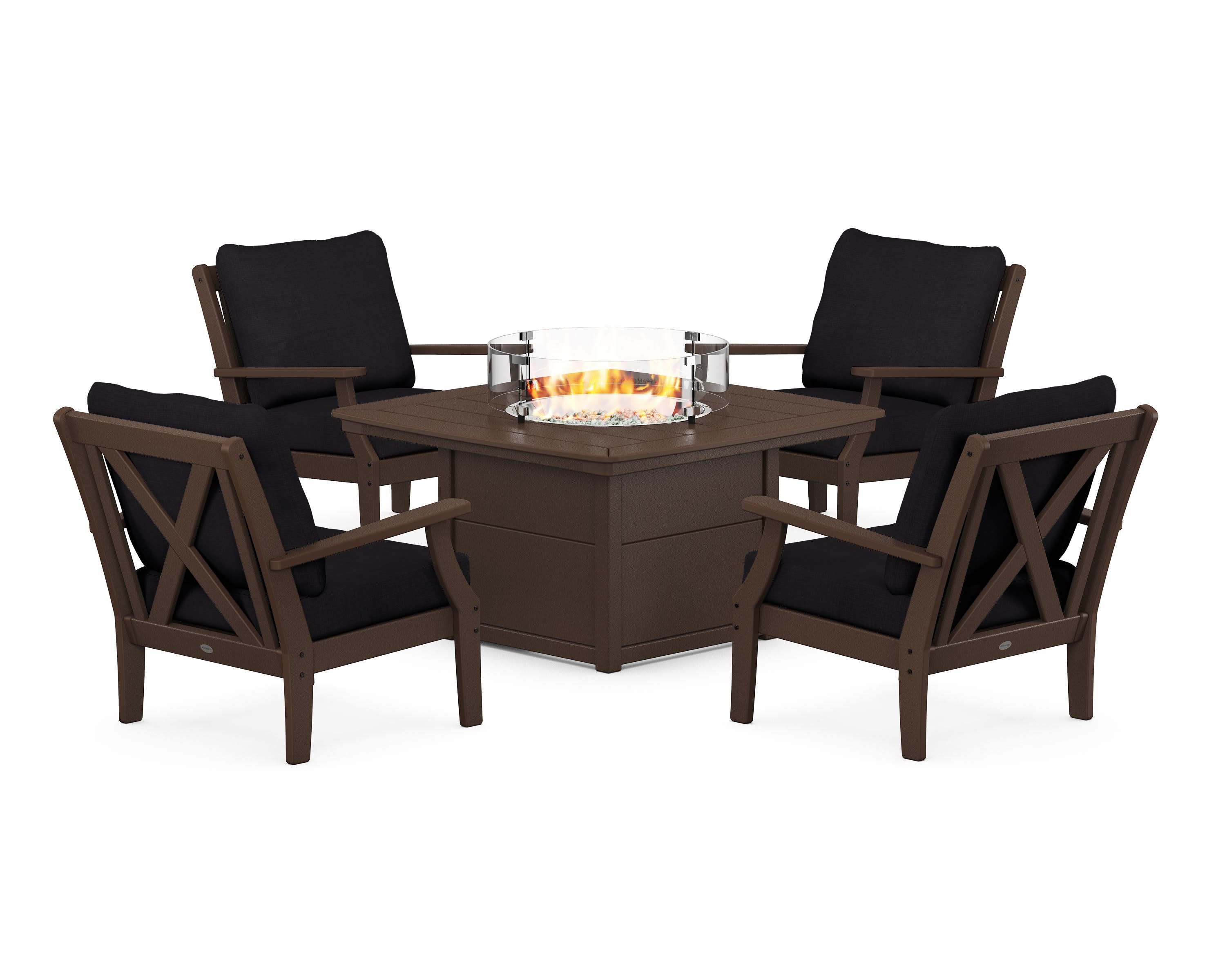 Braxton 5-Piece Deep Seating Conversation Set with Fire Pit Table in Mahogany / Midnight Linen