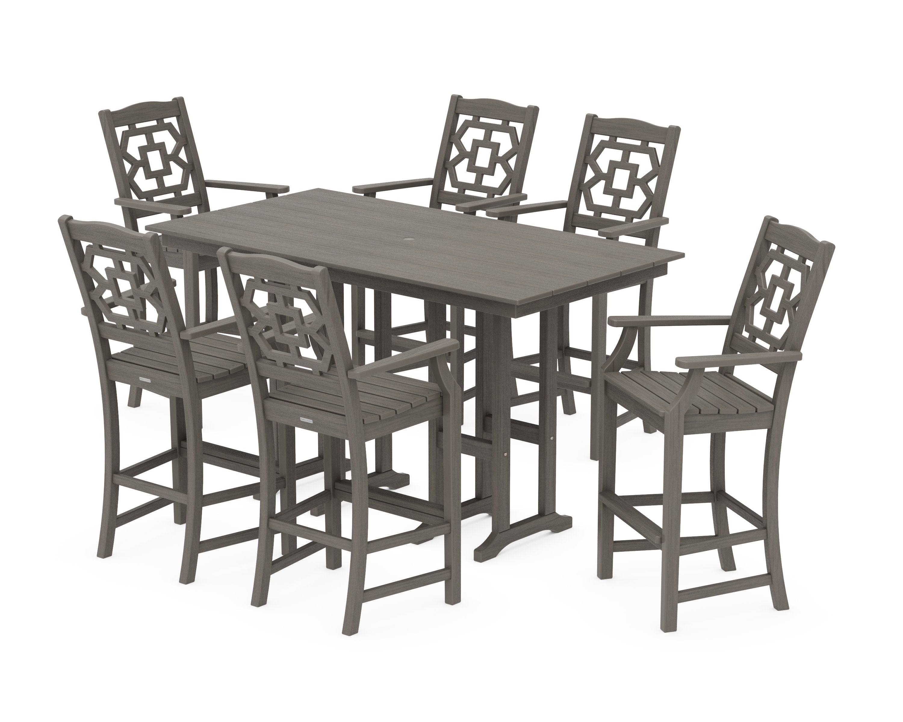 Chinoiserie Arm Chair 7-Piece Farmhouse Bar Set in Driftwood