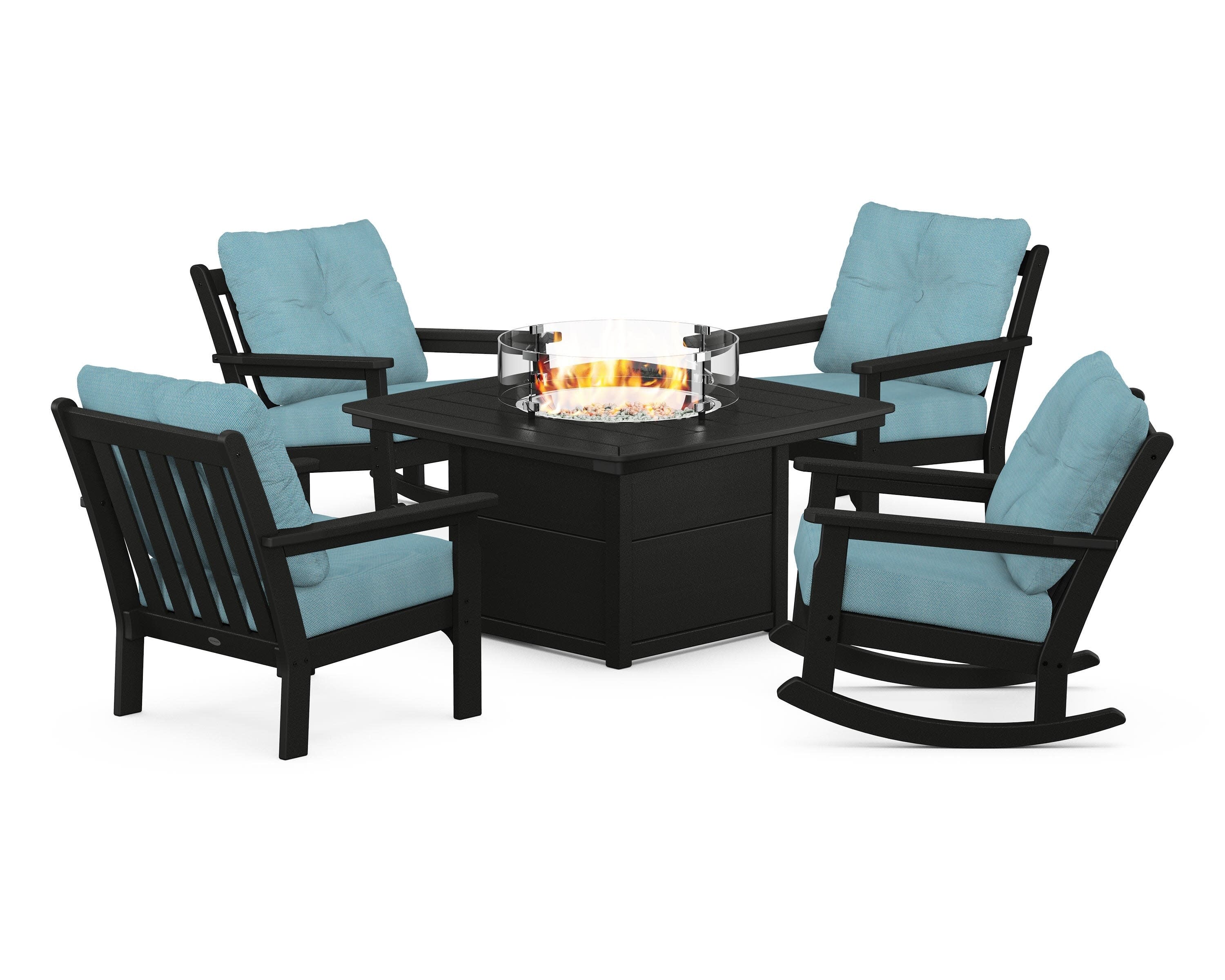Vineyard 5-Piece Deep Seating Rocking Chair Conversation Set with Fire Pit Table in Black / Lattice Sky Blue