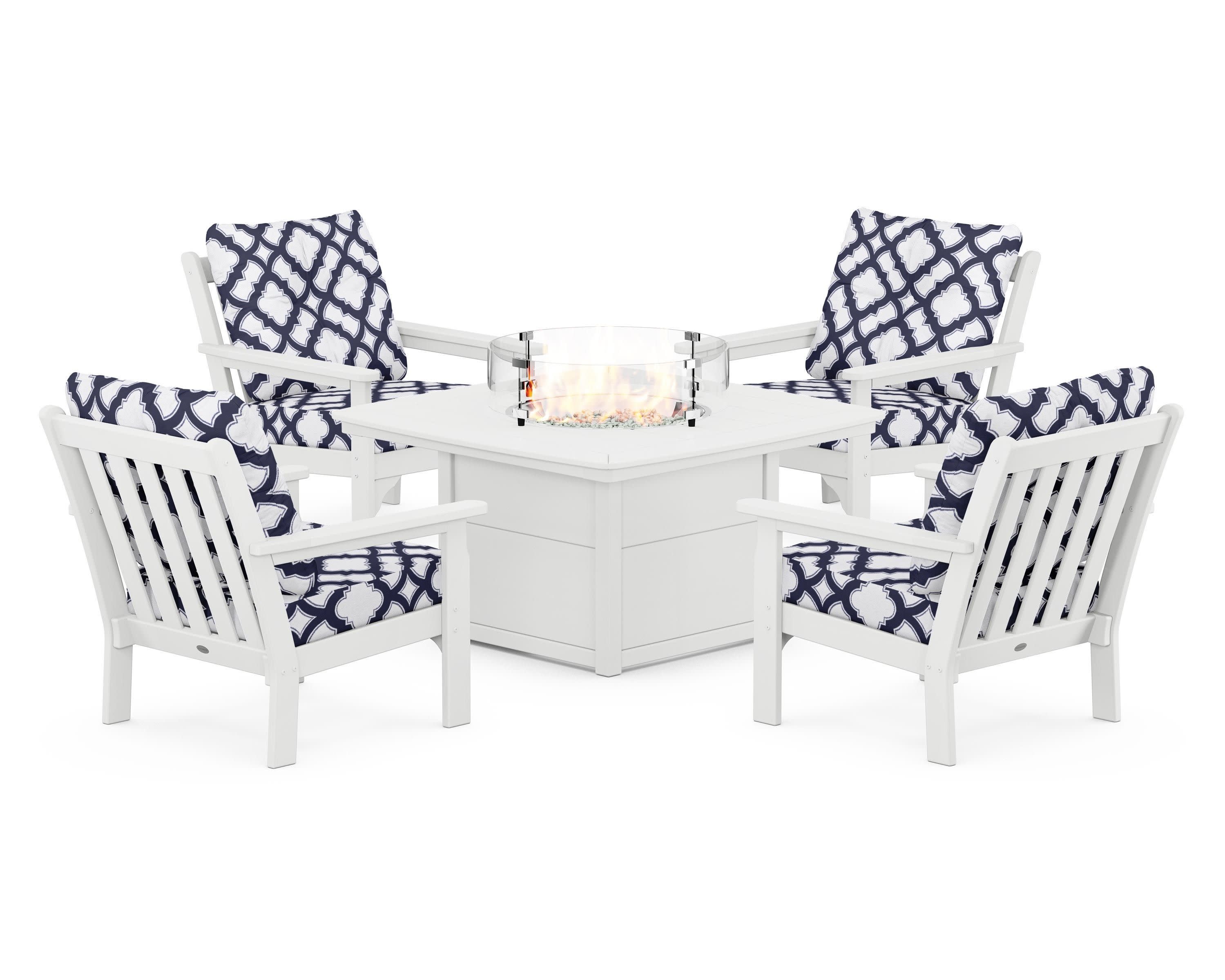 Vineyard 5-Piece Conversation Set with Fire Pit Table in White / Trellis Navy