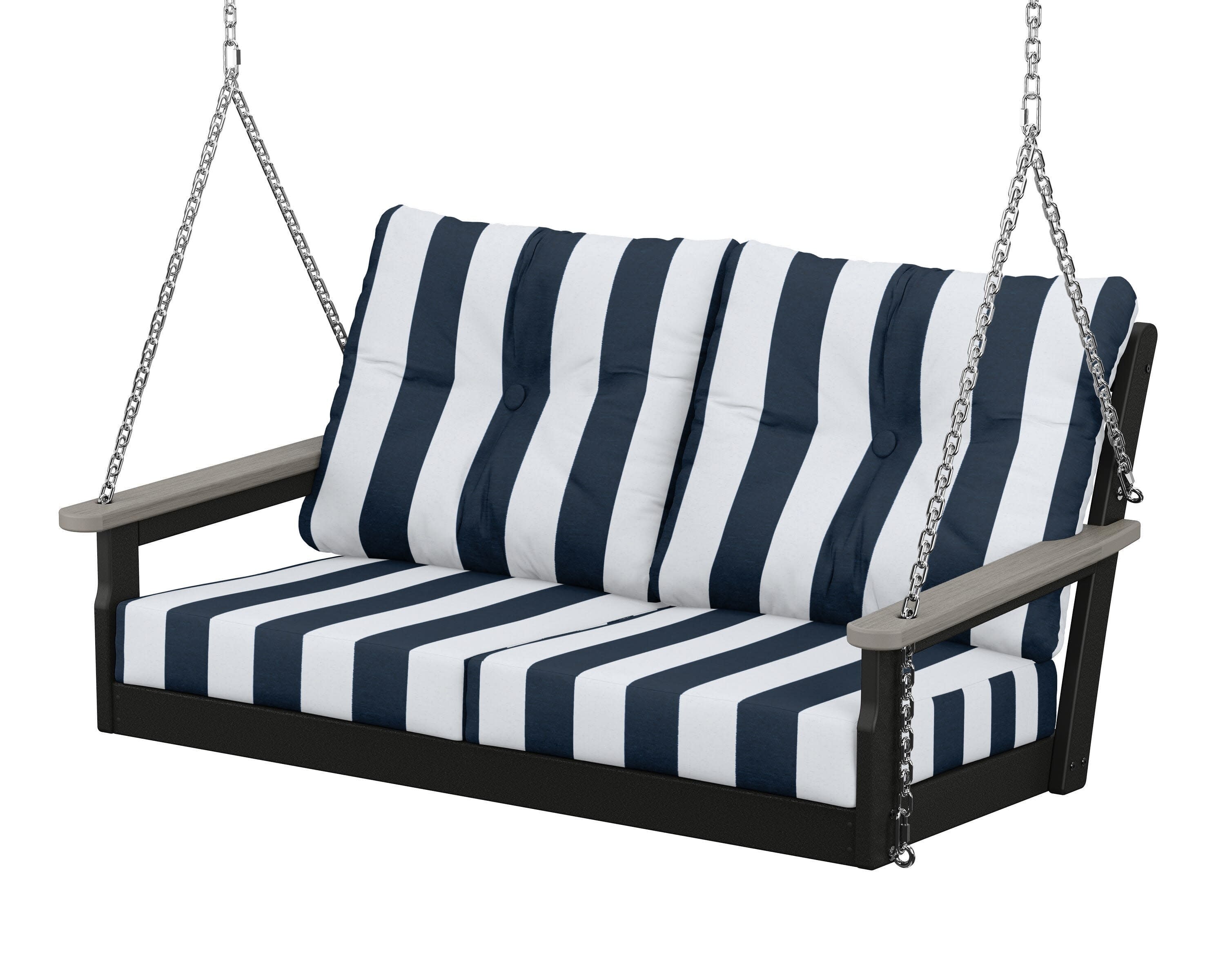 Vineyard Deep Seating Swing in Black / Driftwood / Cabana Stripe Marine Indigo