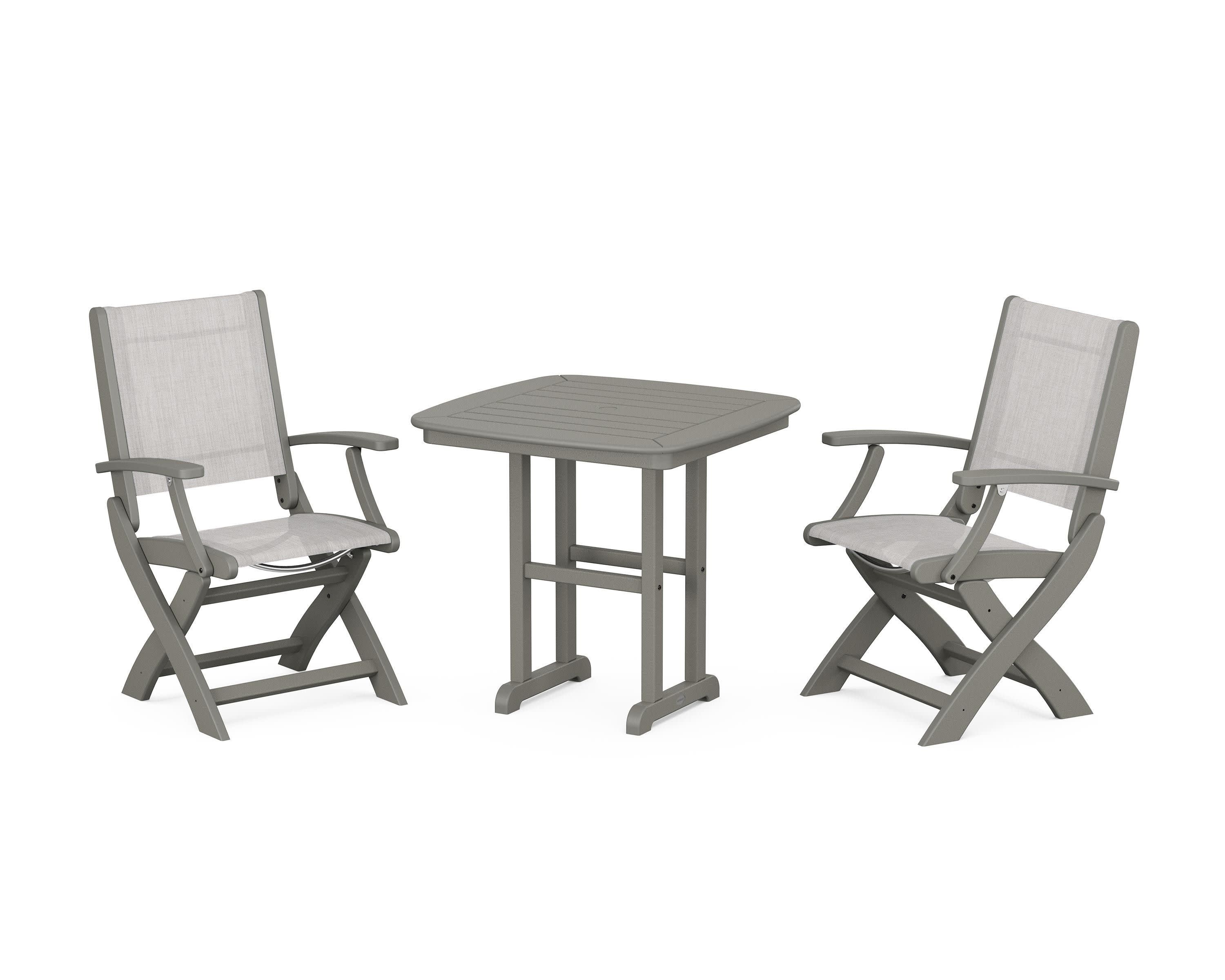 Coastal Folding Chair 3-Piece Dining Set in Slate Grey / Parchment Sling