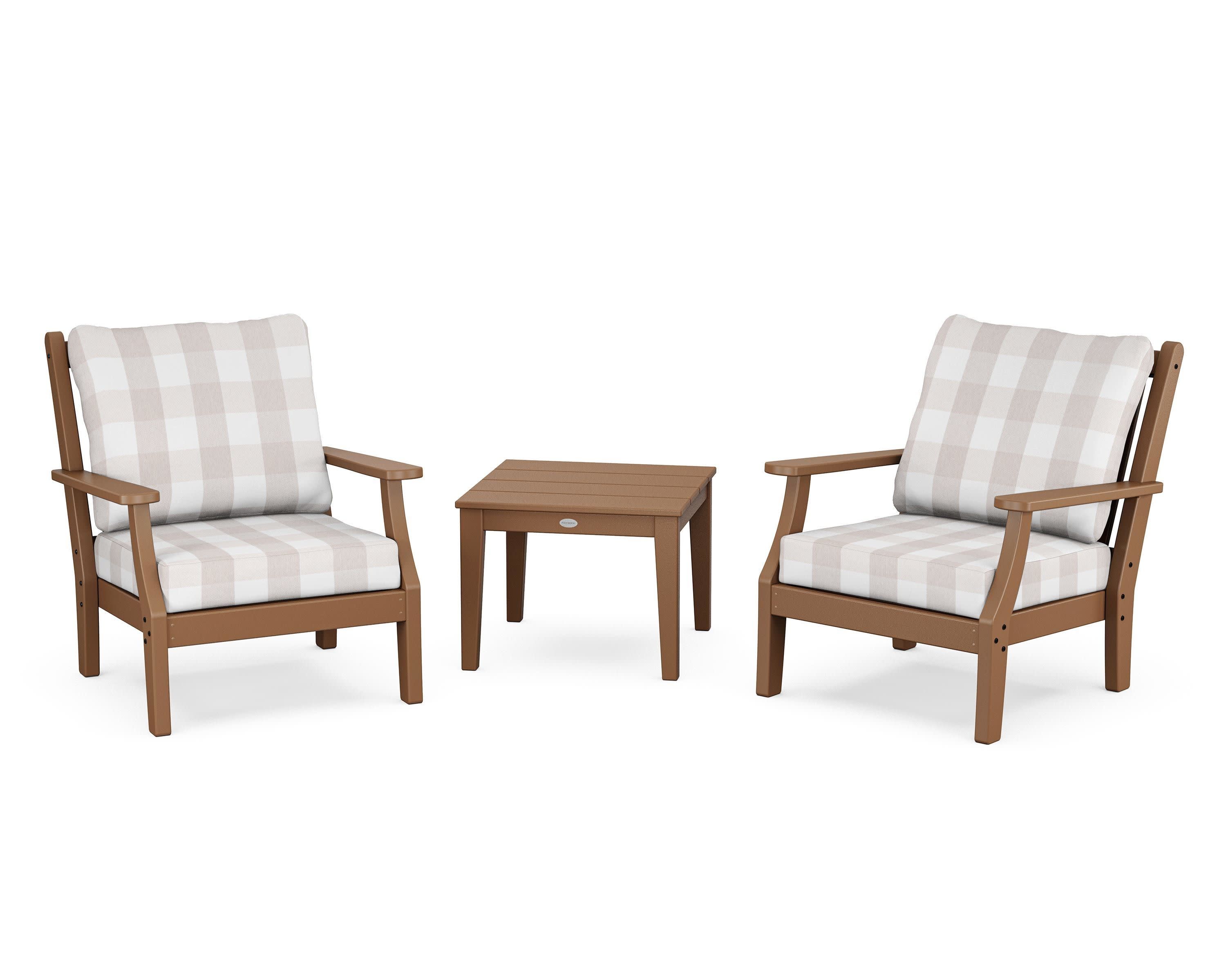 Wovendale 3-Piece Deep Seating Set in Teak / Buffalo Plaid Dune Burlap