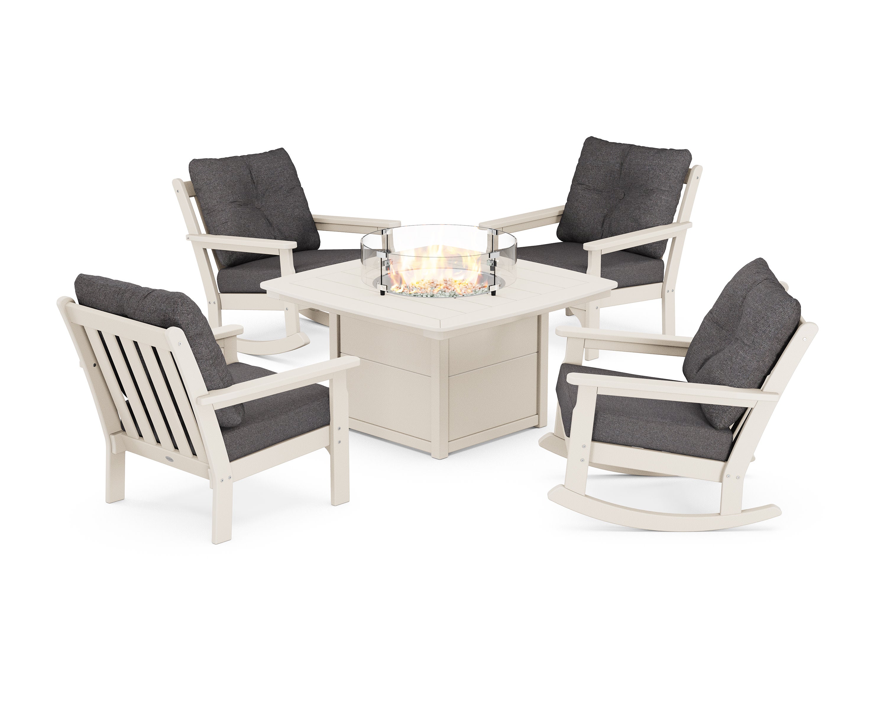 Vineyard 5-Piece Deep Seating Rocking Chair Conversation Set with Fire Pit Table in Sand / Ash Charcoal