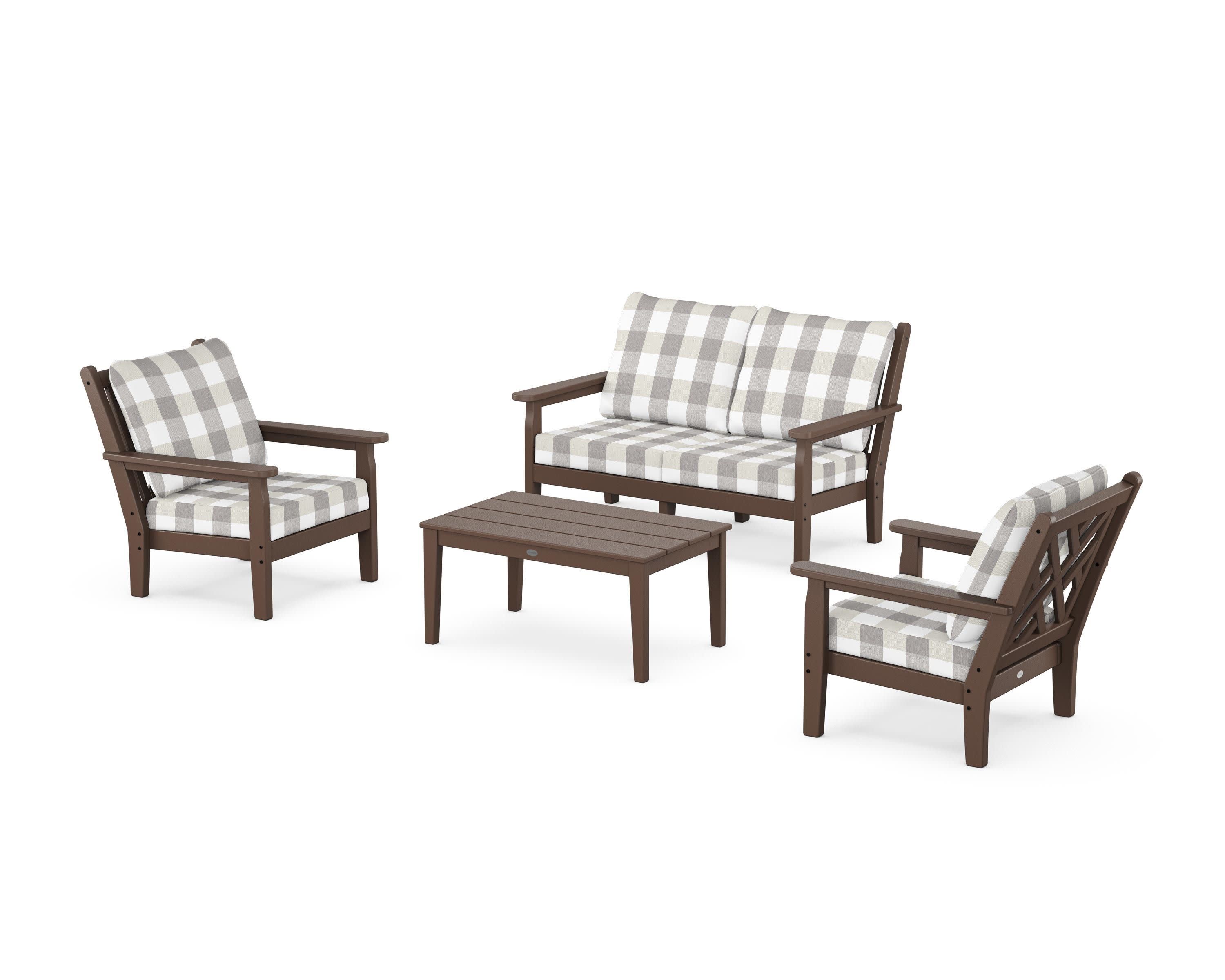 Chippendale 4-Piece Deep Seating Set with Loveseat in Mahogany / Buffalo Plaid Grey Mist