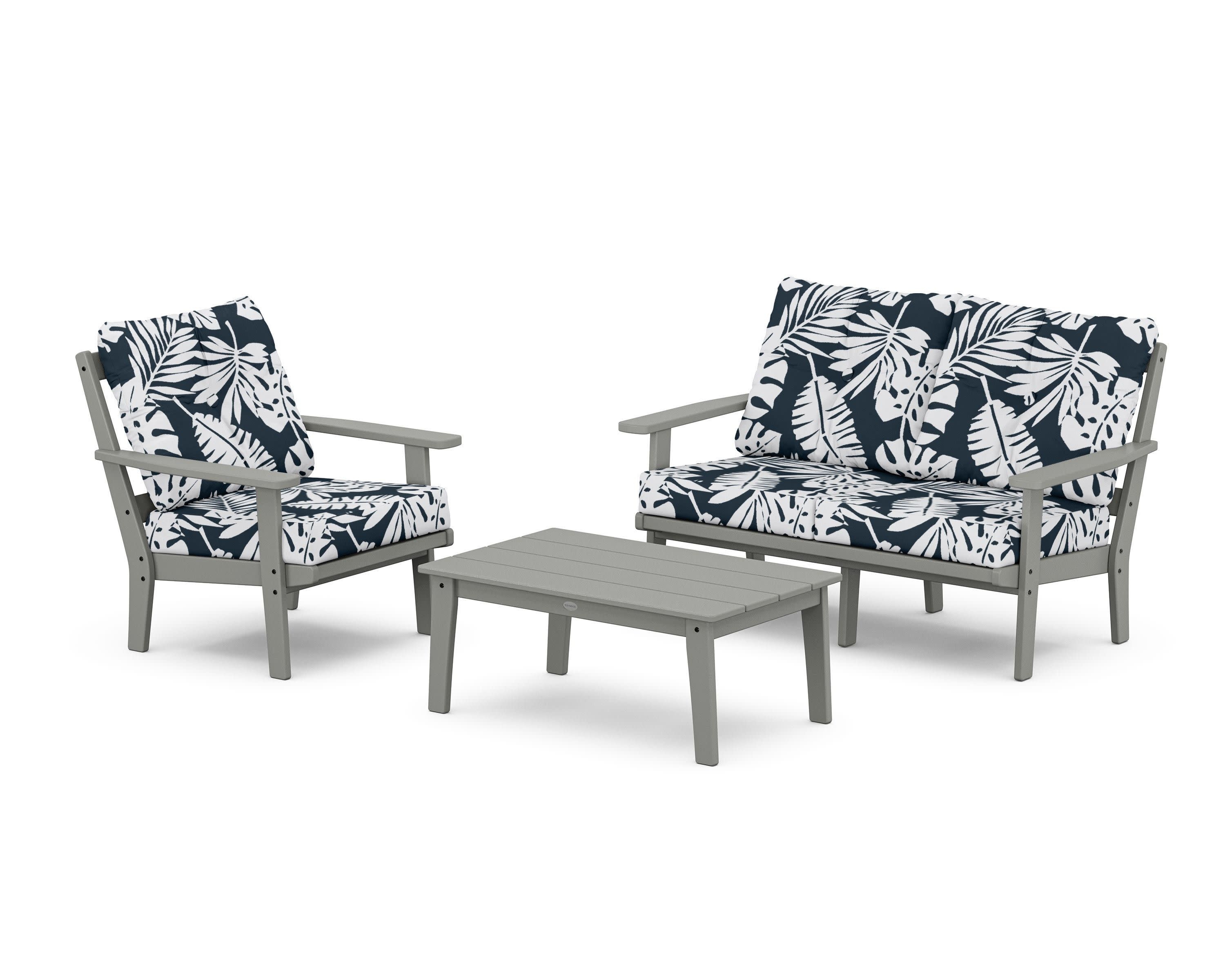 Oxford 3-Piece Deep Seating Set with Loveseat in Slate Grey / Leaf Marine Indigo