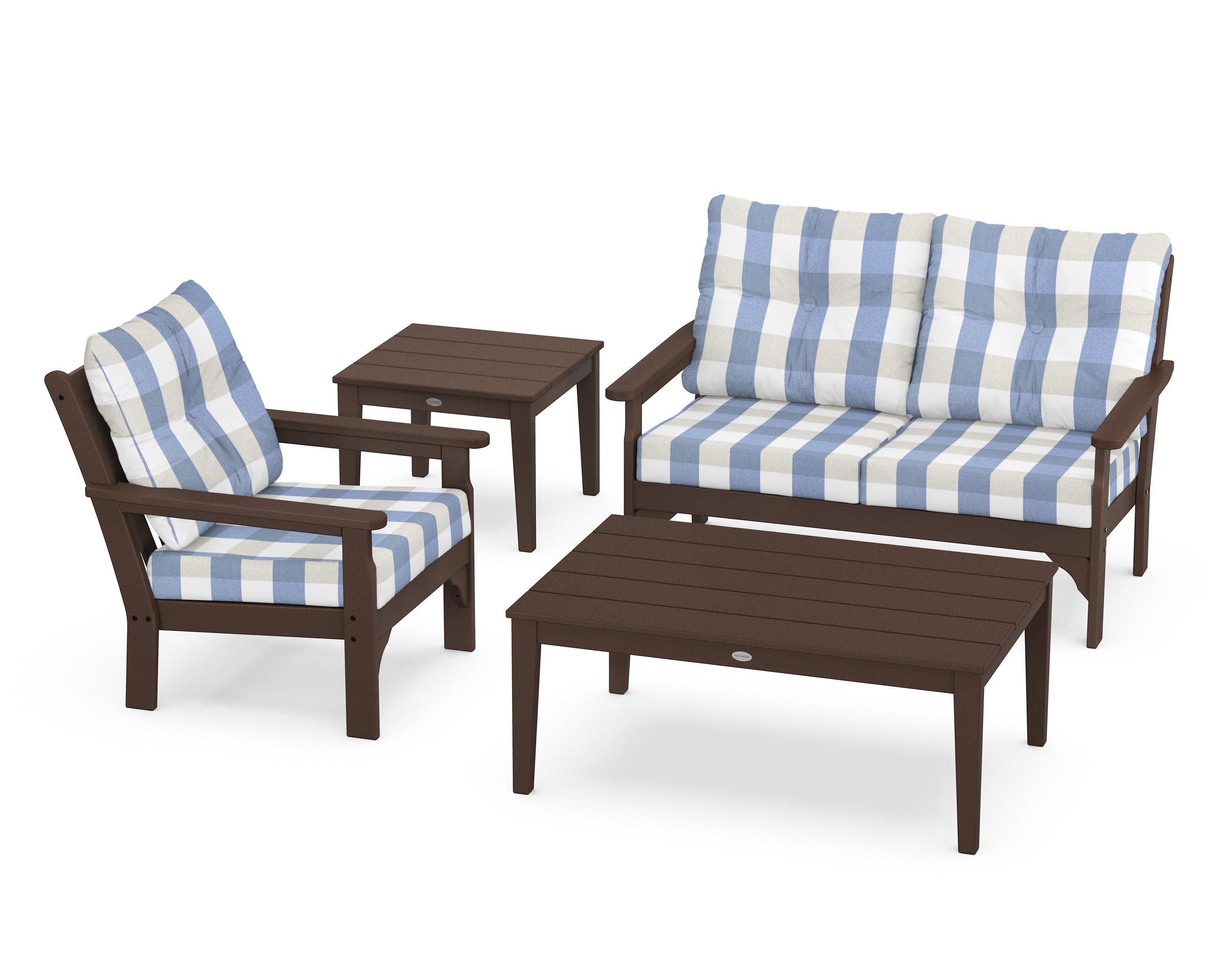 Vineyard 4-Piece Deep Seating Set in Mahogany / Buffalo Plaid Sky Blue
