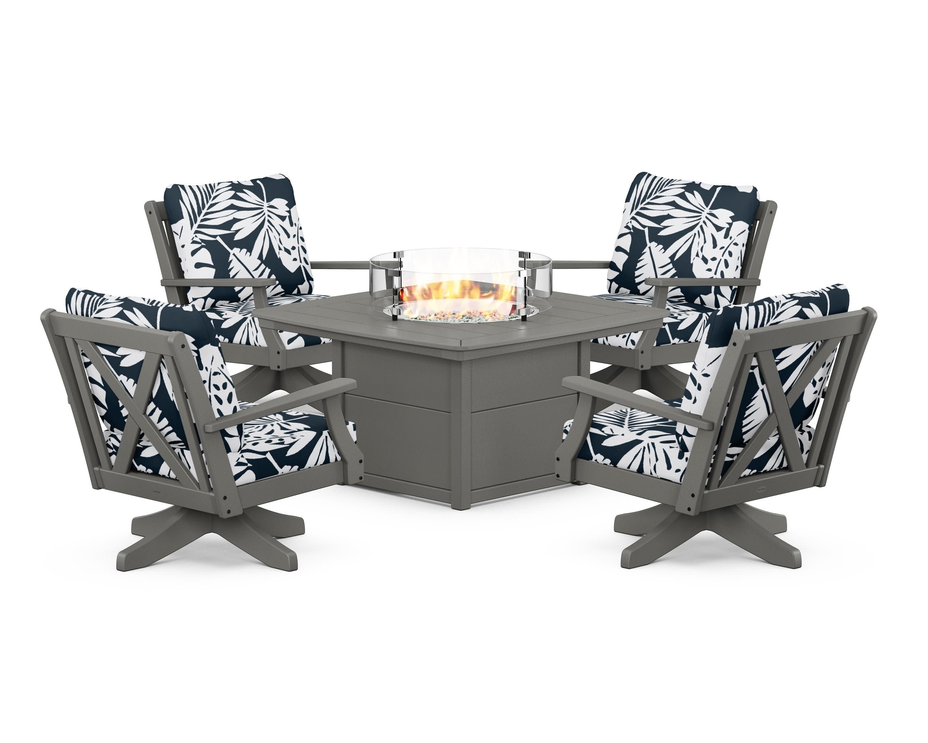 Braxton 5-Piece Deep Seating Swivel Conversation Set with Fire Pit Table in Slate Grey / Leaf Marine Indigo
