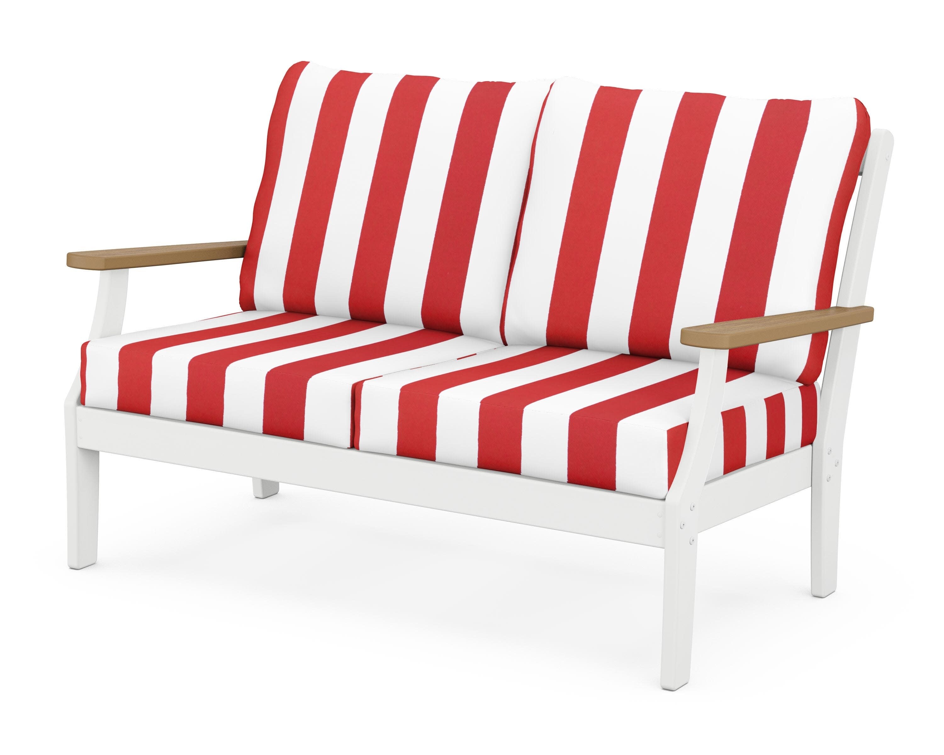 Braxton Deep Seating Loveseat in White / Natural / Cabana Stripe Crimson