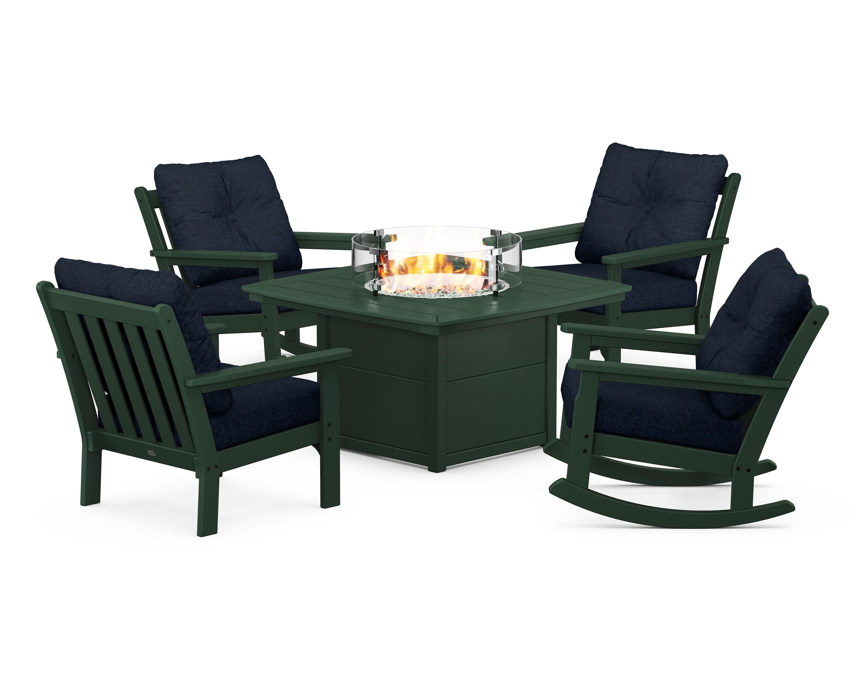 Vineyard 5-Piece Deep Seating Rocking Chair Conversation Set with Fire Pit Table in Green / Marine Indigo