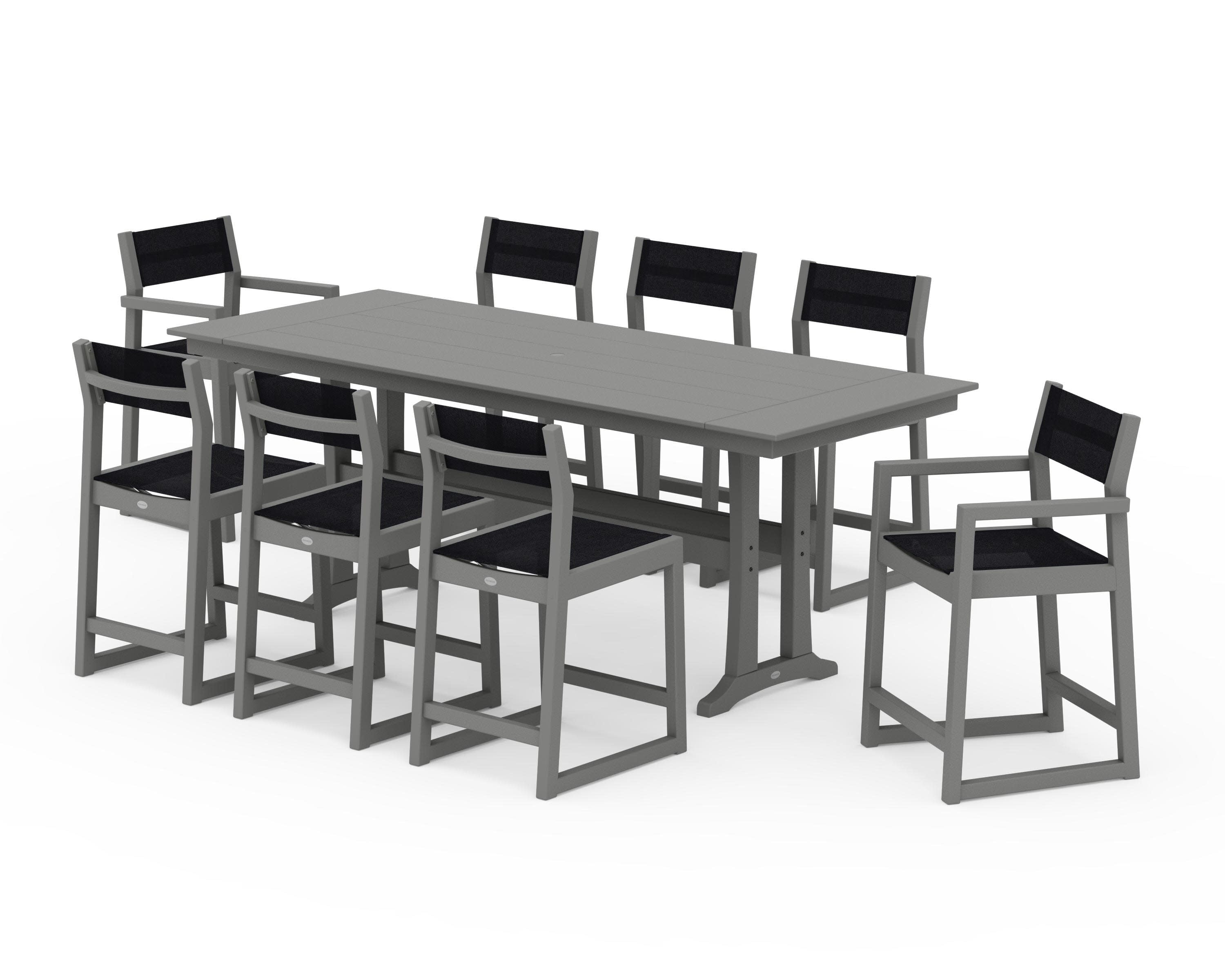 EDGE Sling 9-Piece Farmhouse Counter Set with Trestle Legs in Slate Grey / Black Sling