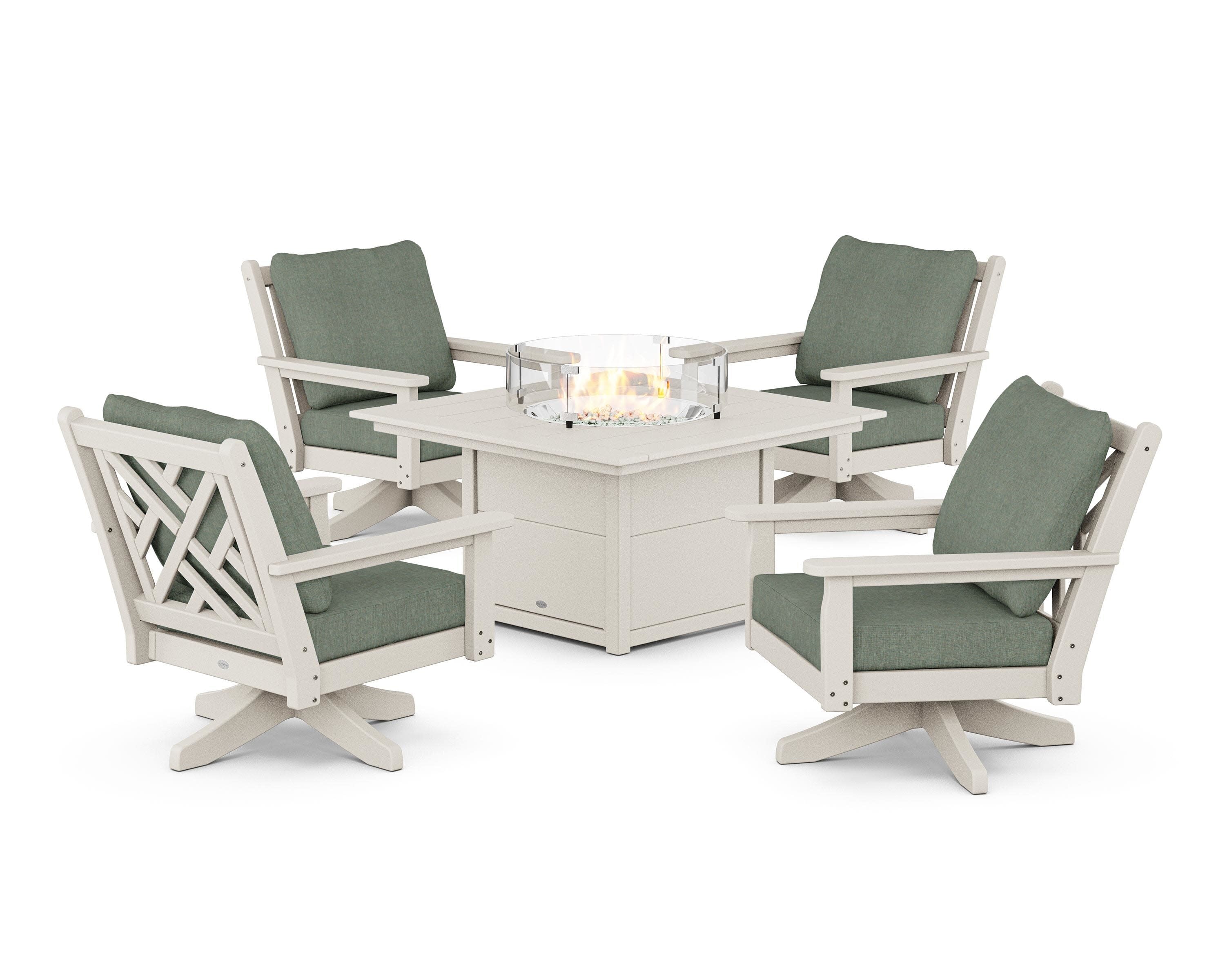 Chippendale 5-Piece Deep Seating Swivel Conversation Set with Fire Pit Table in Sand / Cast Sage