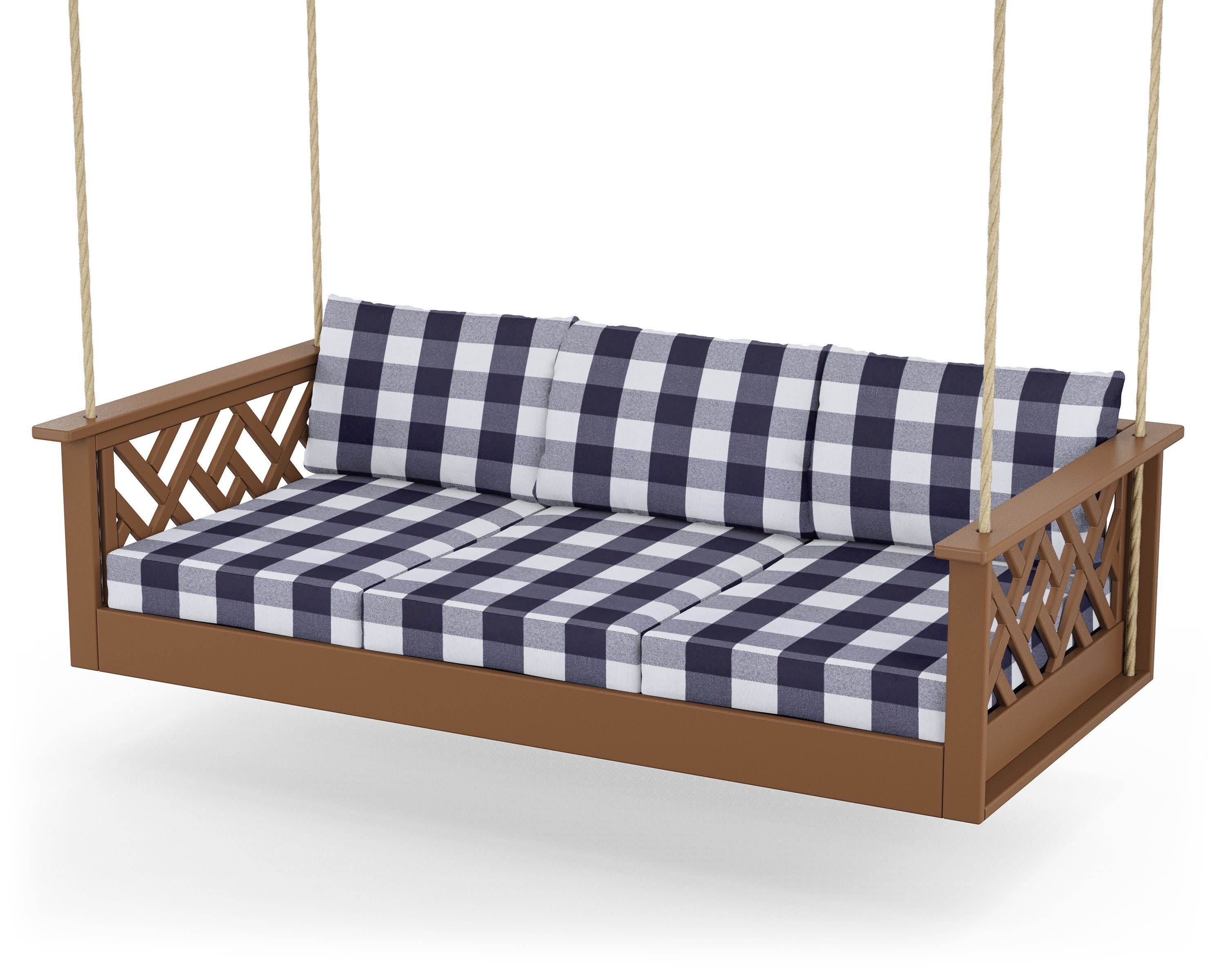 Chippendale Daybed Swing in Teak / Buffalo Plaid Navy