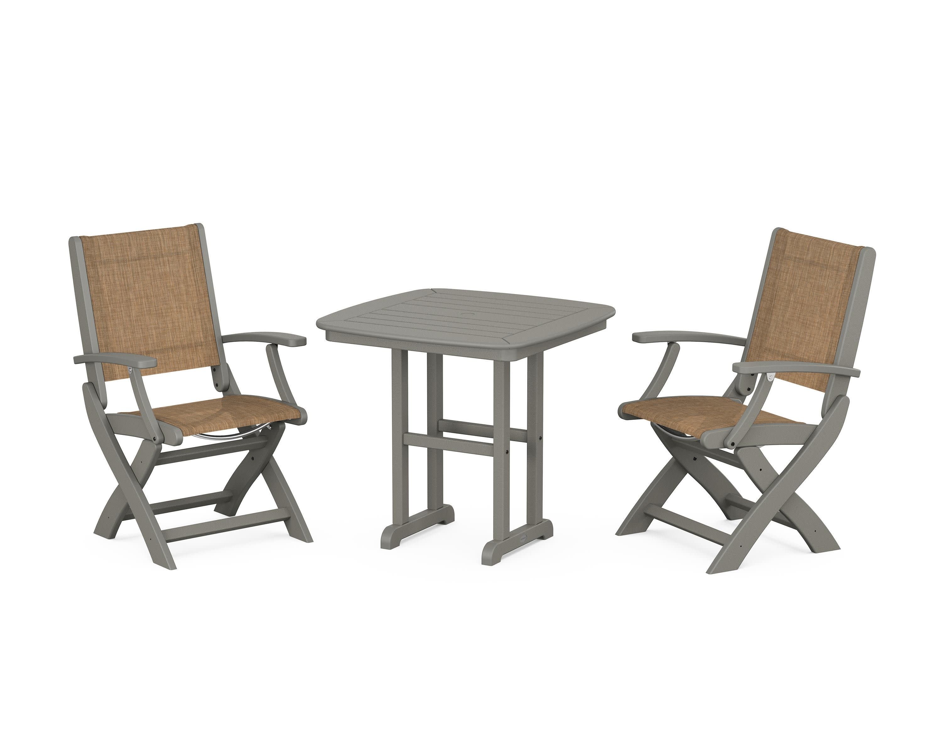 Coastal Folding Chair 3-Piece Dining Set in Slate Grey / Burlap Sling