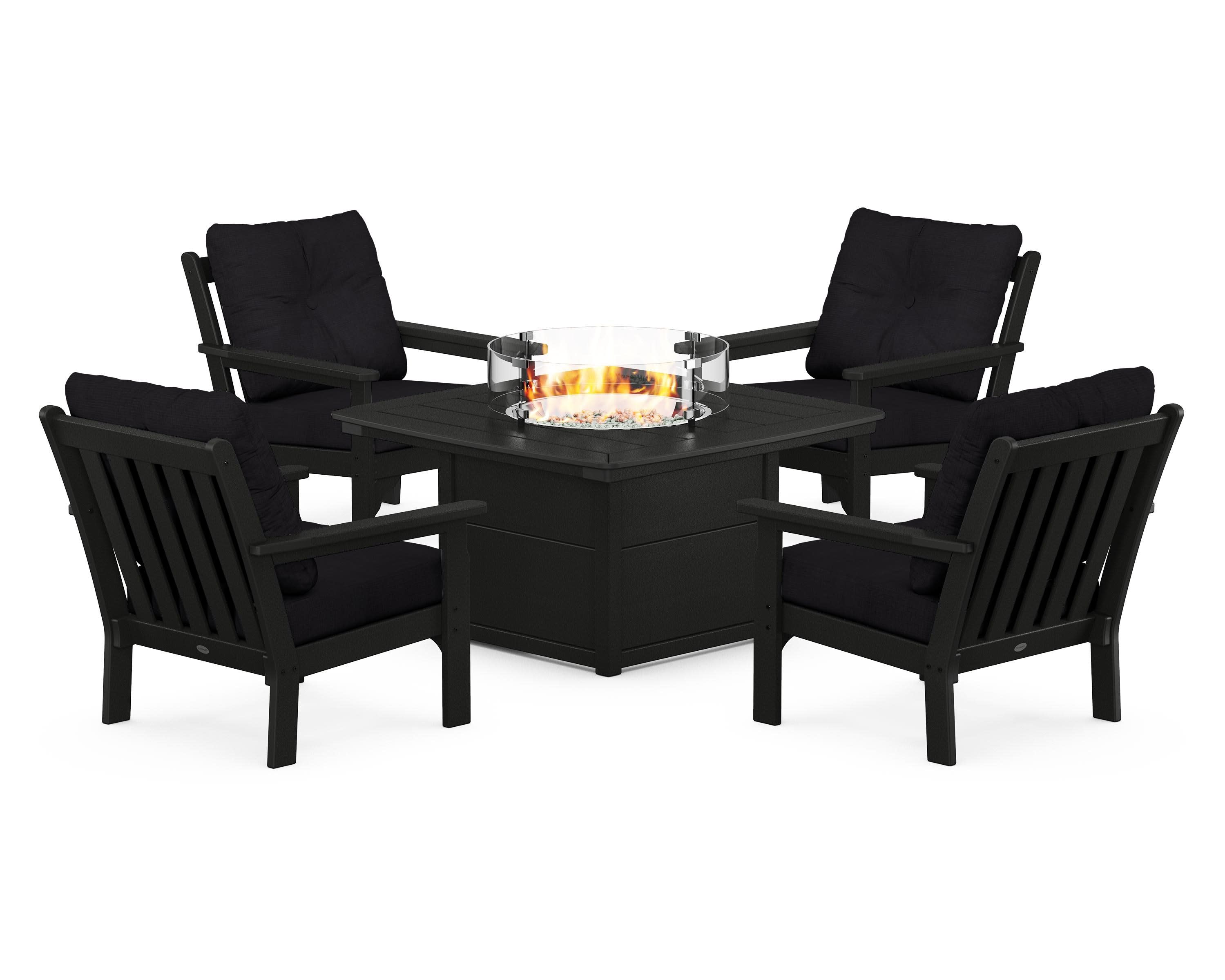 Vineyard 5-Piece Conversation Set with Fire Pit Table in Black / Midnight Linen