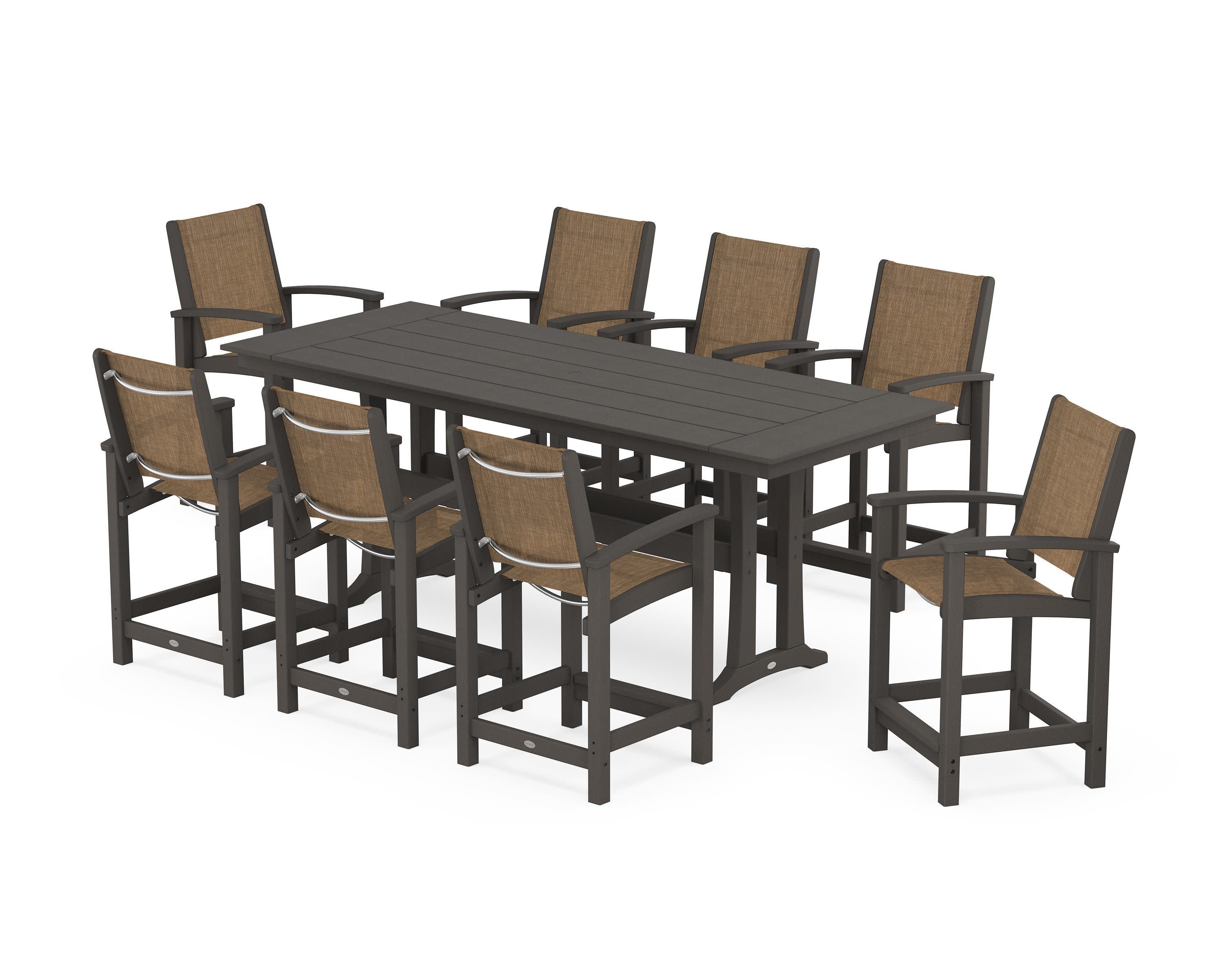 Coastal 9-Piece Farmhouse Counter Set with Trestle Legs in Vintage Coffee / Burlap Sling