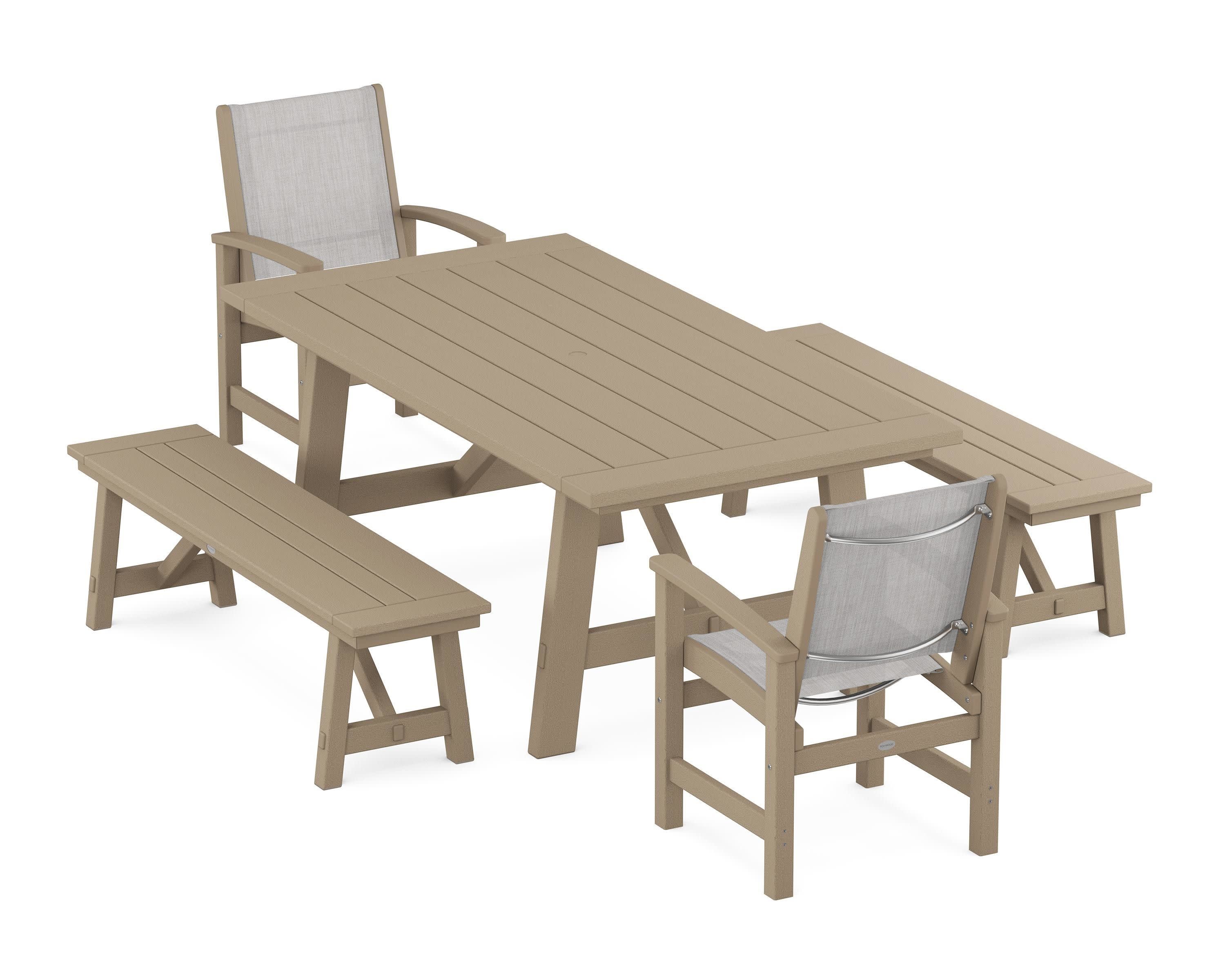 Coastal 5-Piece Rustic Farmhouse Dining Set With Benches in Vintage Sahara / Parchment Sling