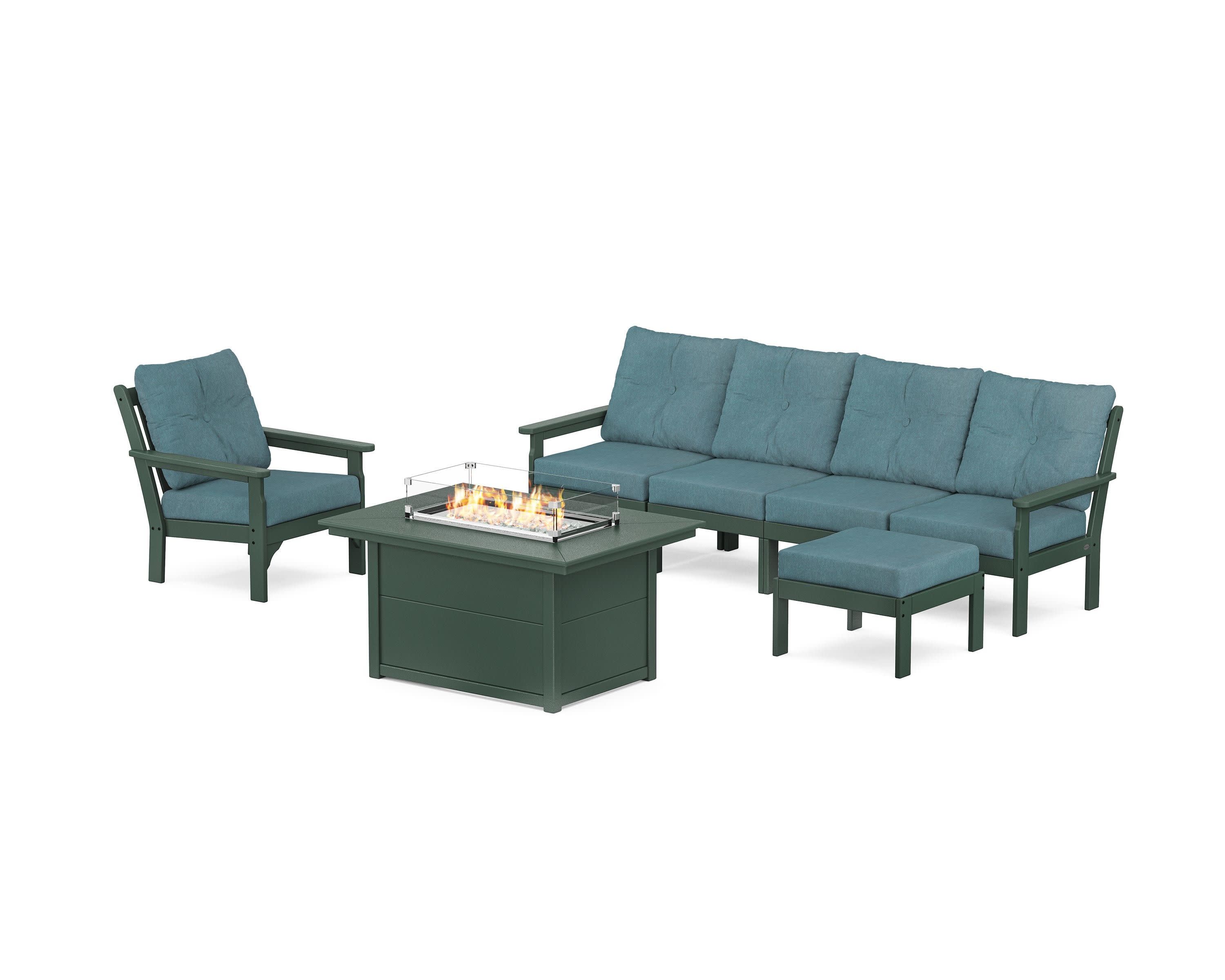 Vineyard Sectional Lounge and Fire Pit Set in Green / Ocean Teal