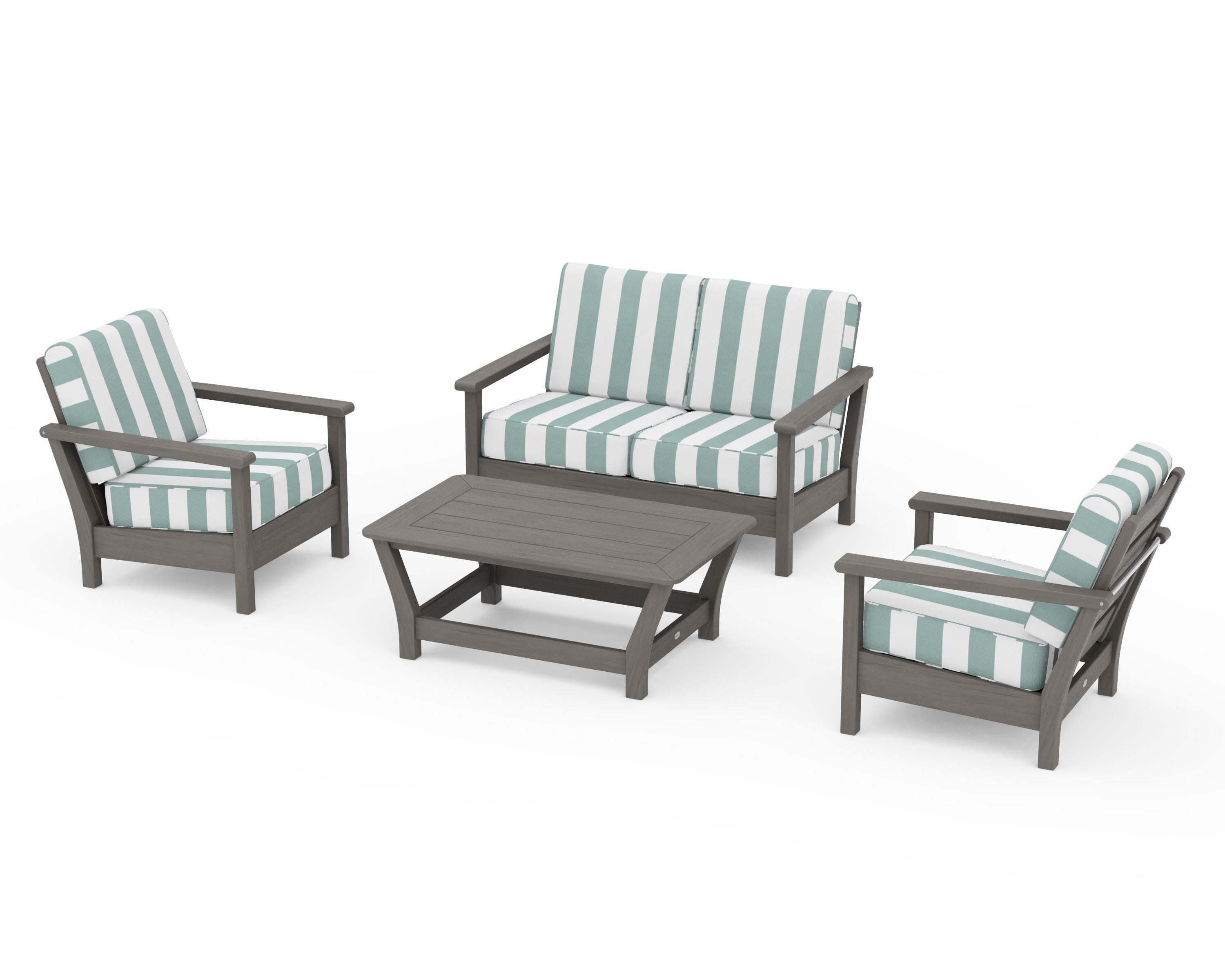 Harbour 4-Piece Deep Seating Set in Driftwood / Cabana Stripe Glacier Spa