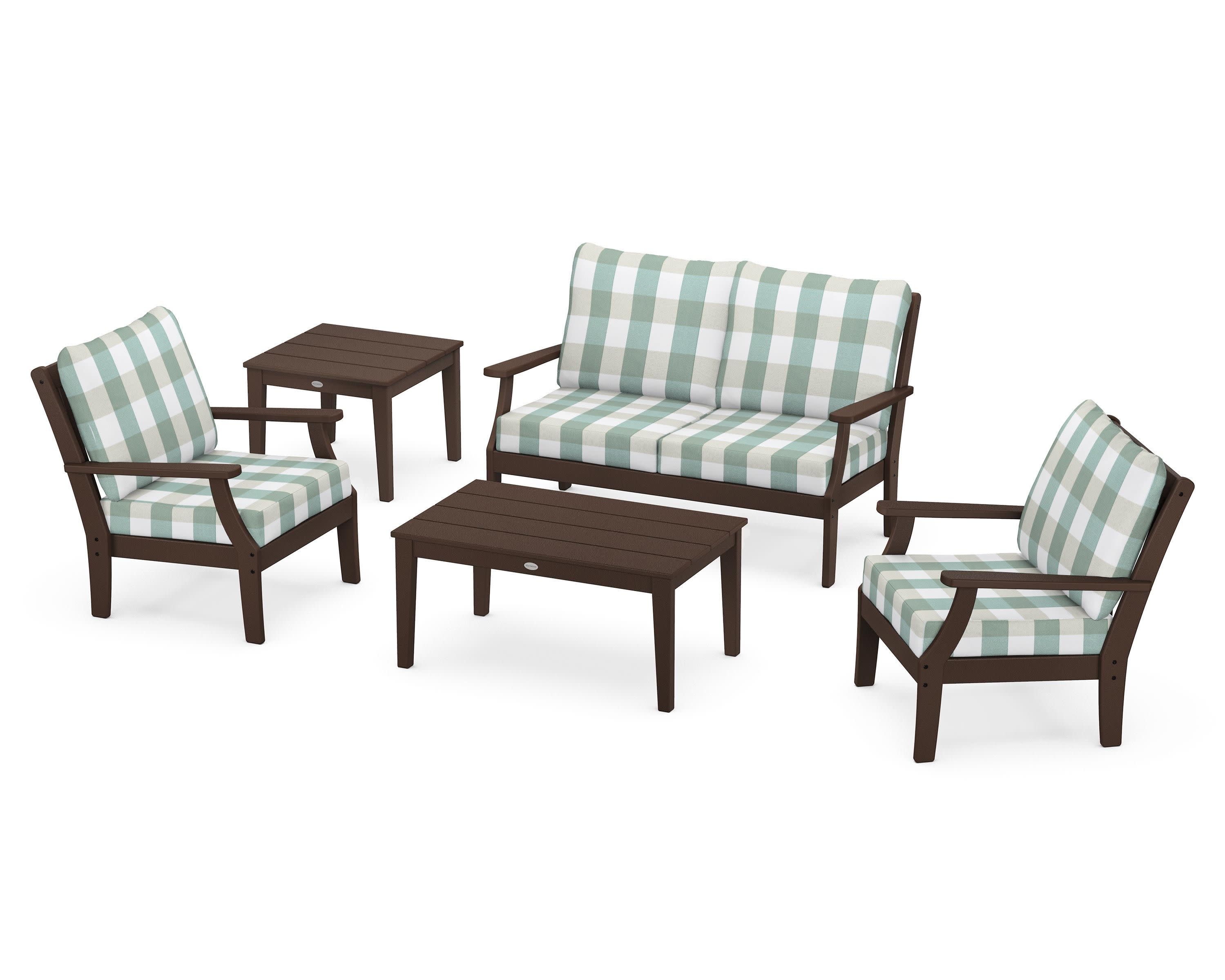 Braxton 5-Piece Deep Seating Set in Mahogany / Buffalo Plaid Glacier Spa