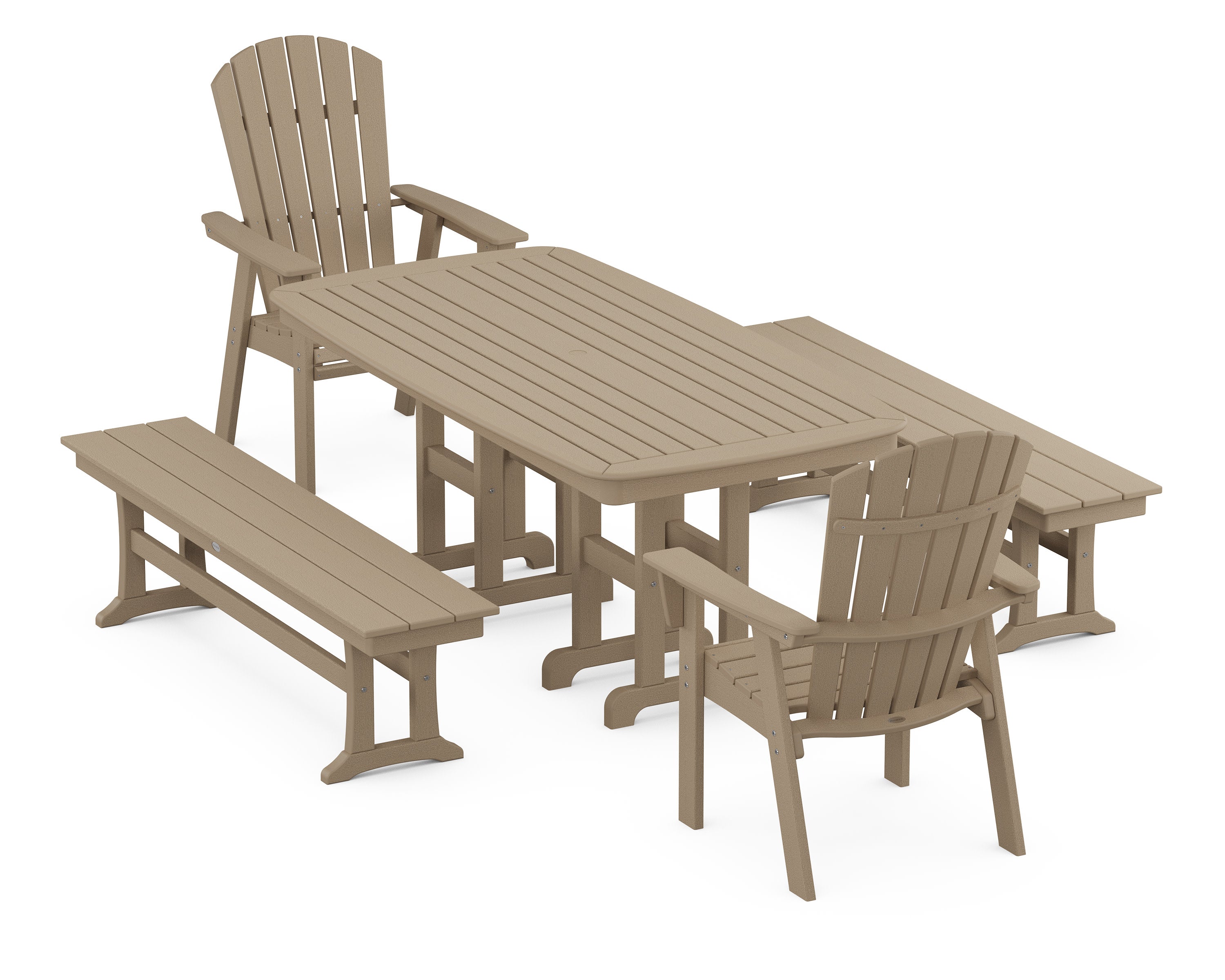 Nautical Curveback Adirondack 5-Piece Dining Set with Benches in Vintage Sahara